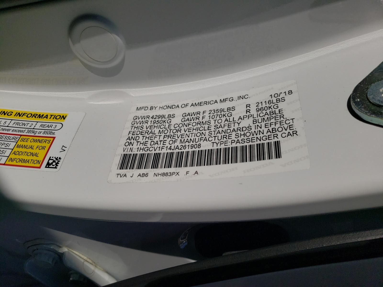 Photo 10 from auction – 2018 HONDA ACCORD LX with VIN 1HGCV1F14JA261908