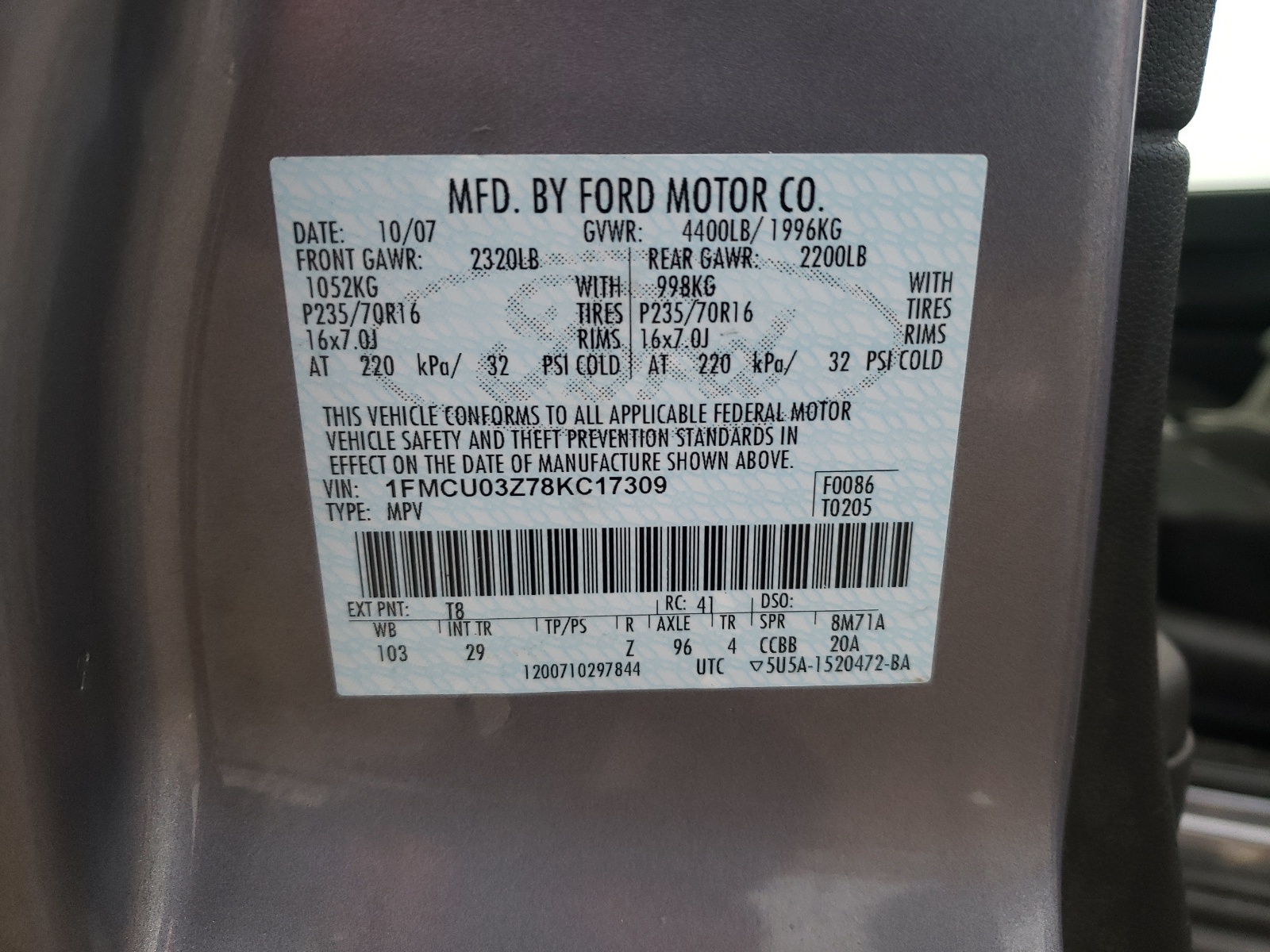 Photo 10 from auction – 2008 FORD ESCAPE XLT with VIN 1FMCU03Z78KC17309