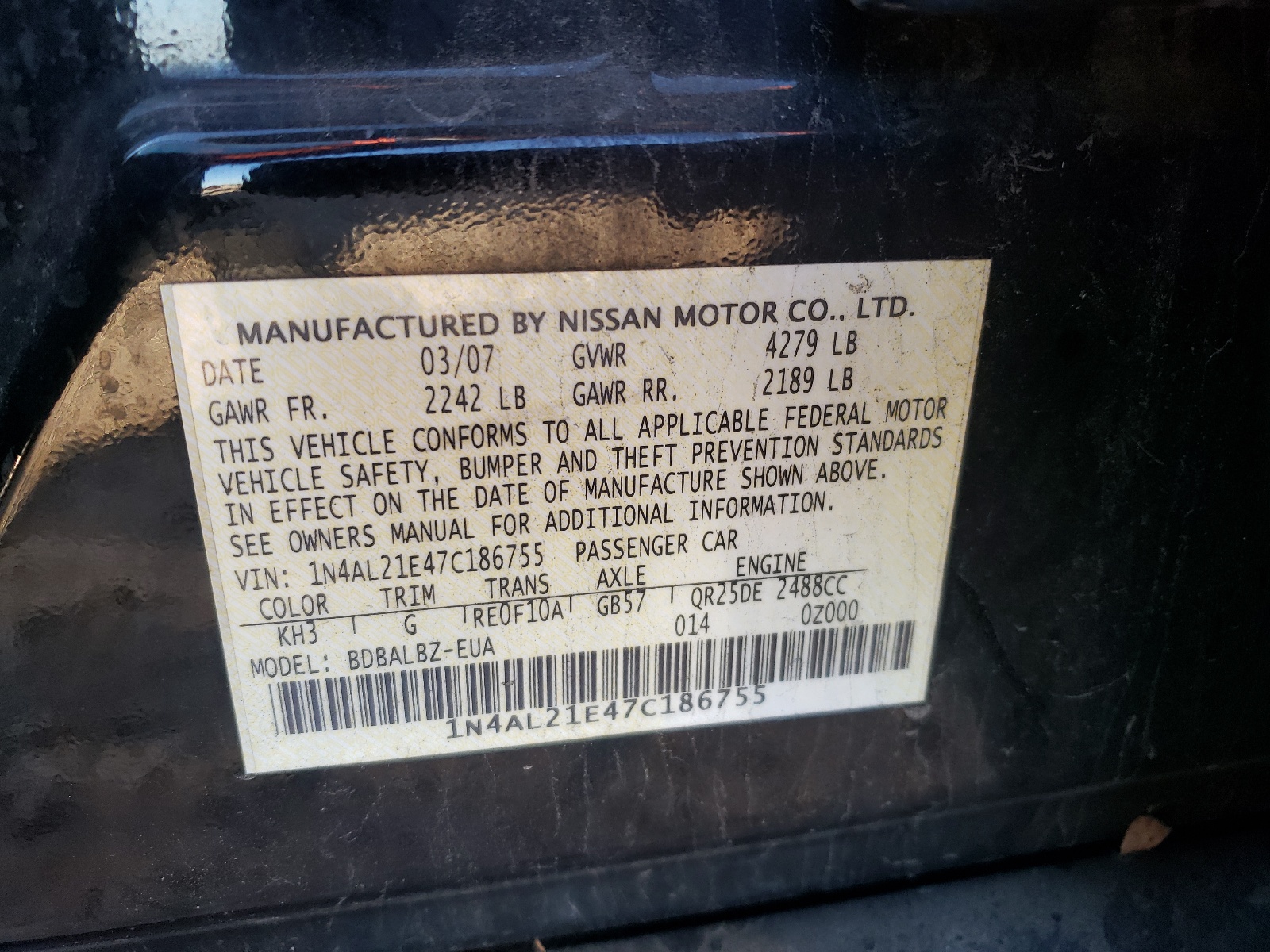 Photo 10 from auction – 2007 NISSAN ALTIMA 2.5 with VIN 1N4AL21E47C186755