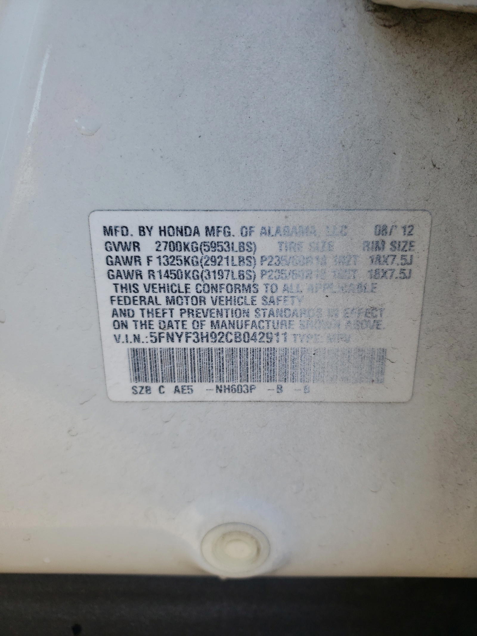 Photo 10 from auction – 2012 HONDA PILOT TOUR with VIN 5FNYF3H92CB042911