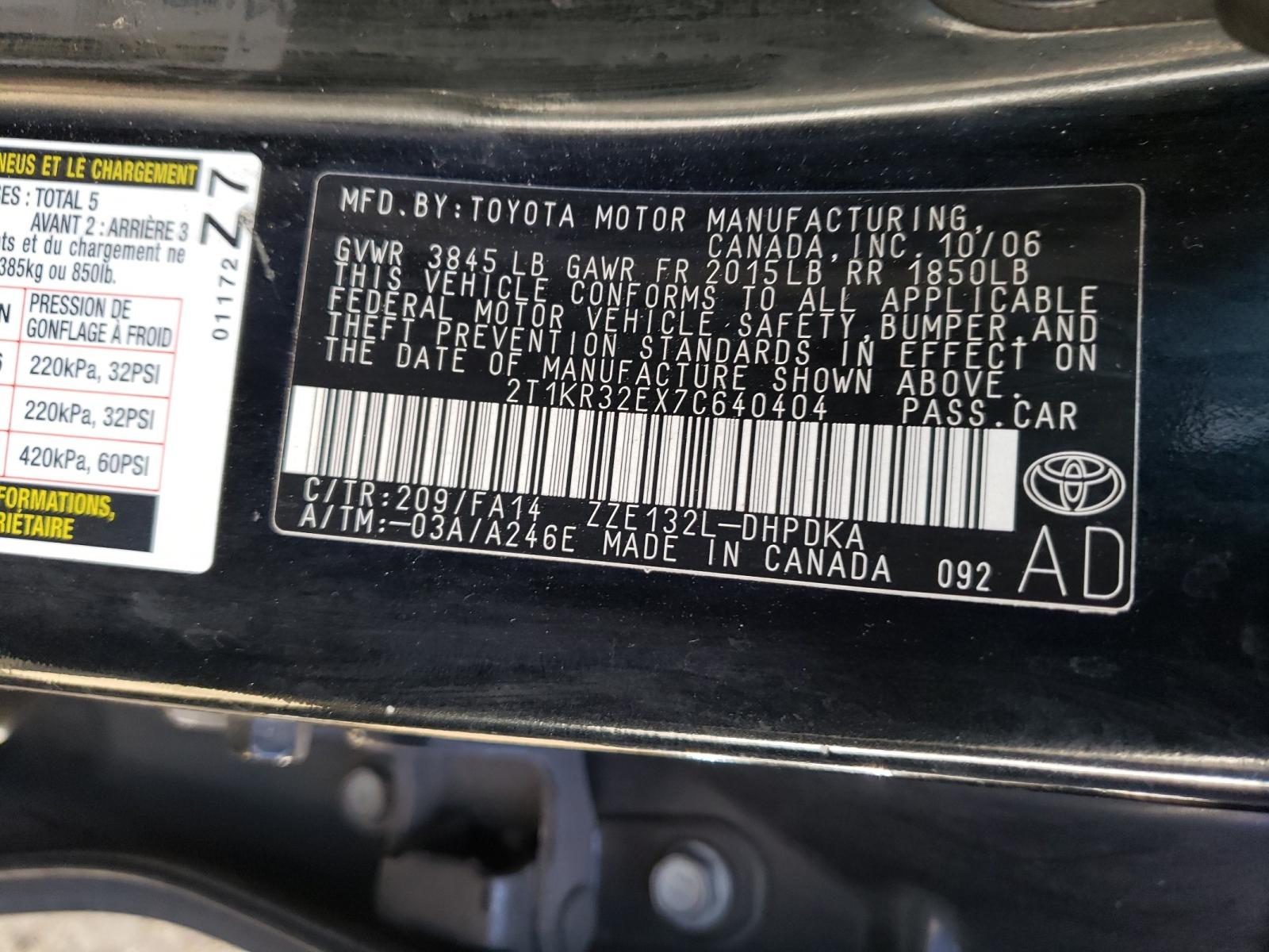Photo 10 from auction – 2007 TOYOTA COROLLA MA with VIN 2T1KR32EX7C640404