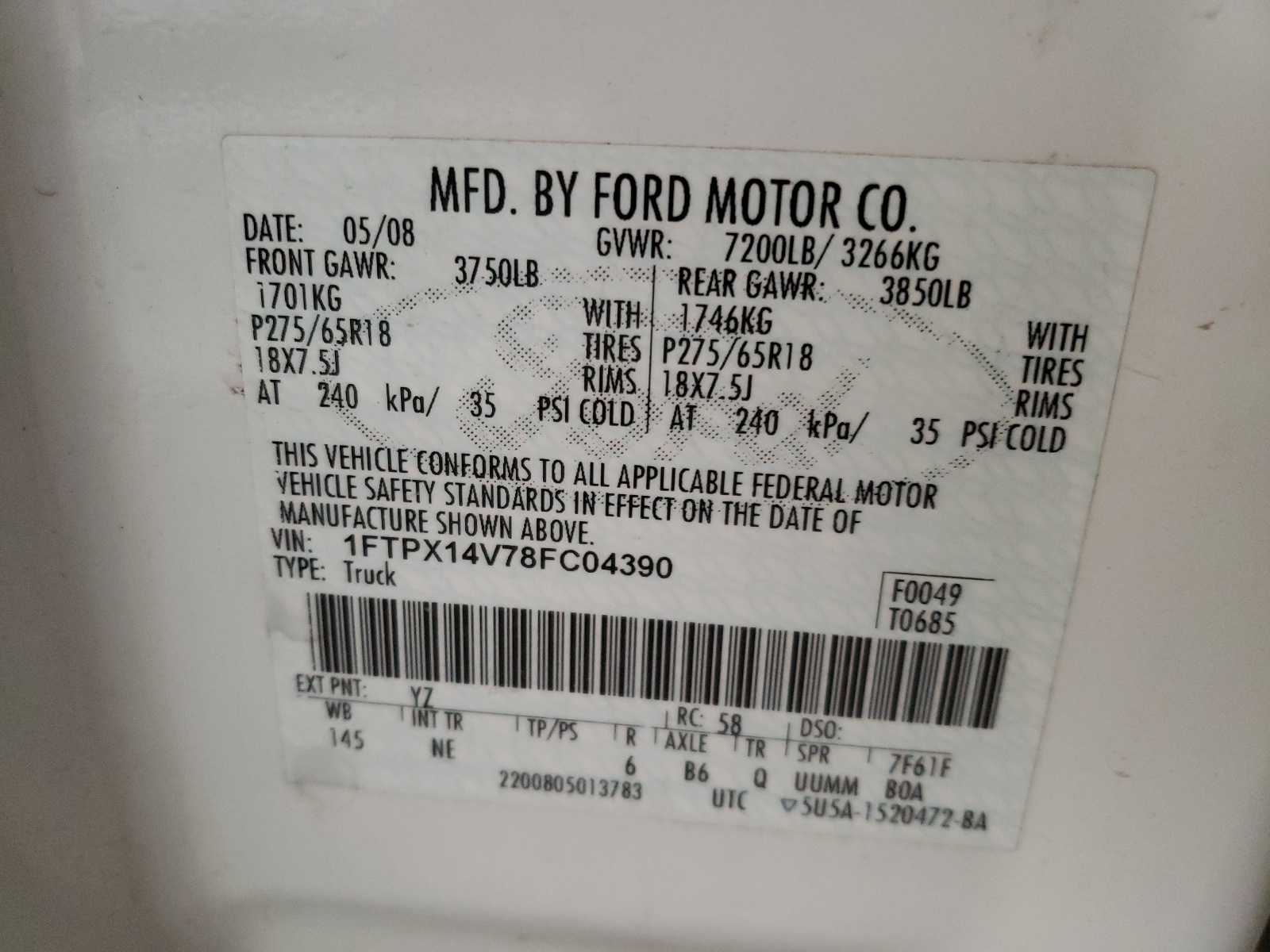 Photo 10 from auction – 2008 FORD F150 with VIN 1FTPX14V78FC04390