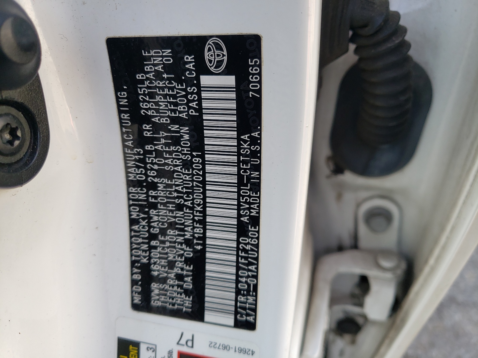 Photo 10 from auction – 2013 TOYOTA CAMRY L with VIN 4T1BF1FK9DU702091