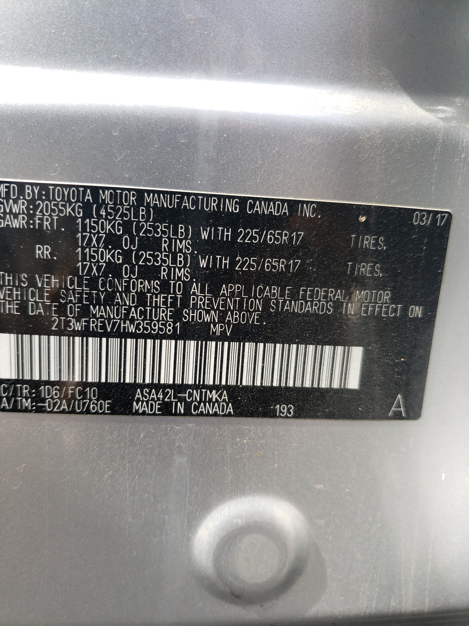 Photo 10 from auction – 2017 TOYOTA RAV4 XLE with VIN 2T3WFREV7HW359581