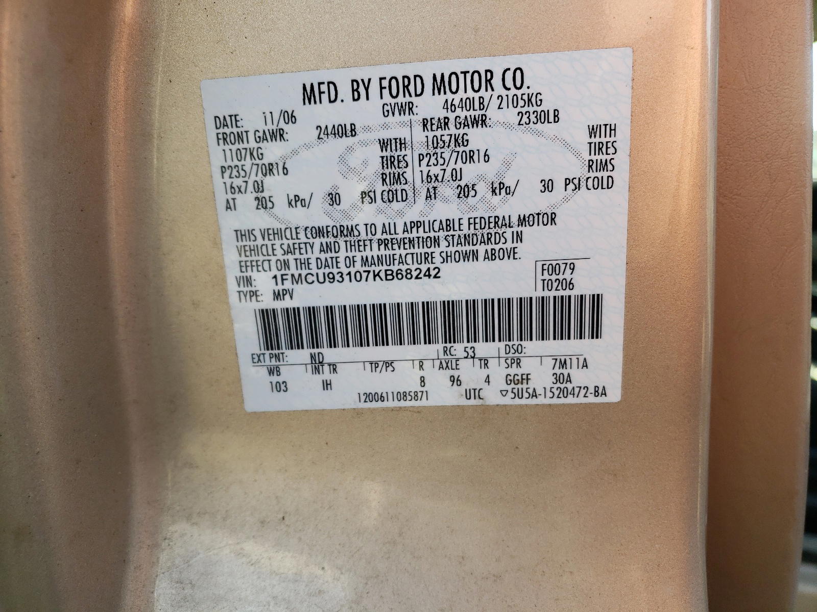Photo 10 from auction – 2007 FORD ESCAPE with VIN 1FMCU93107KB68242