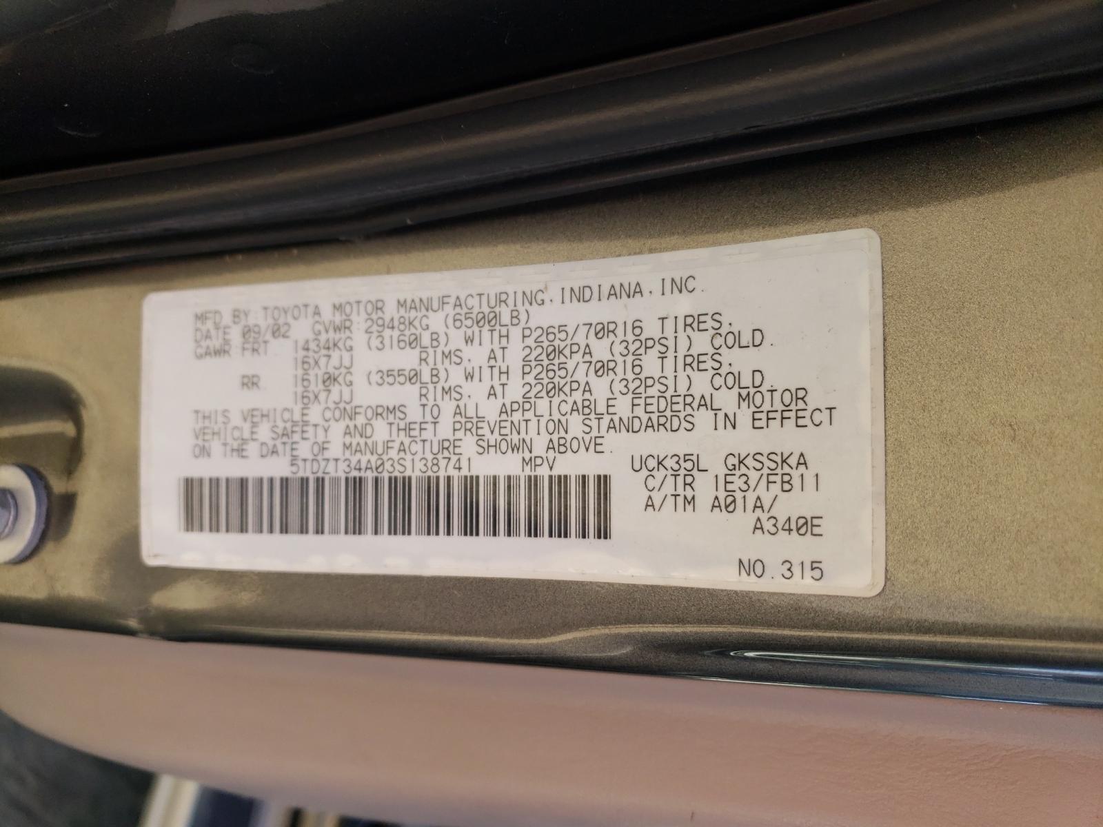 Photo 10 from auction – 2003 TOYOTA SEQUOIA LI with VIN 5TDZT34A03S138741