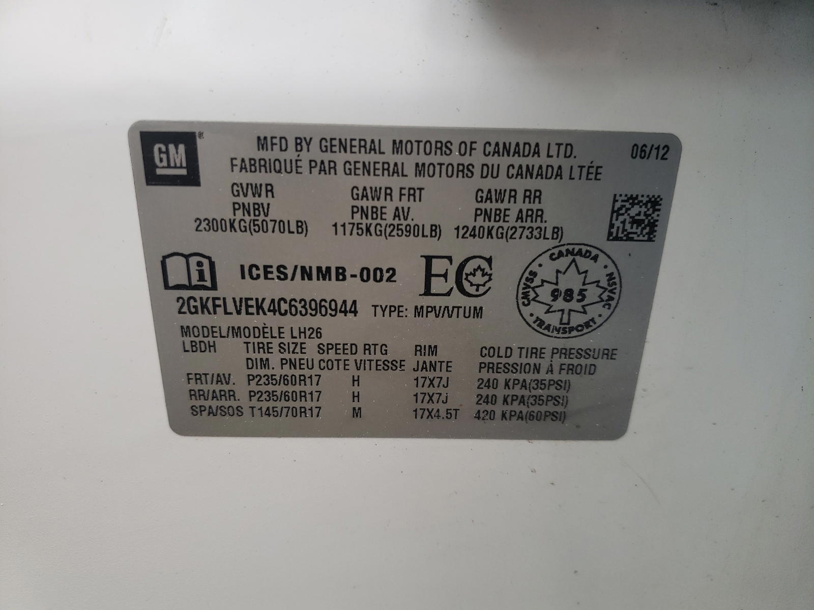 Photo 10 from auction – 2012 GMC TERRAIN SL with VIN 2GKFLVEK4C6396944