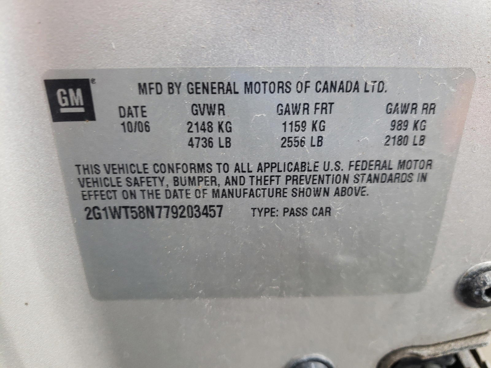 Photo 10 from auction – 2007 CHEVROLET IMPALA LT with VIN 2G1WT58N779203457