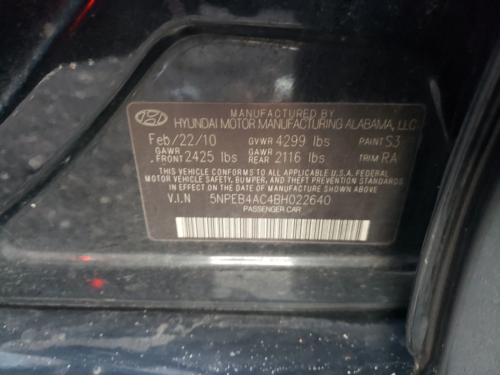 Photo 10 from auction – 2011 HYUNDAI SONATA GLS with VIN 5NPEB4AC4BH022640