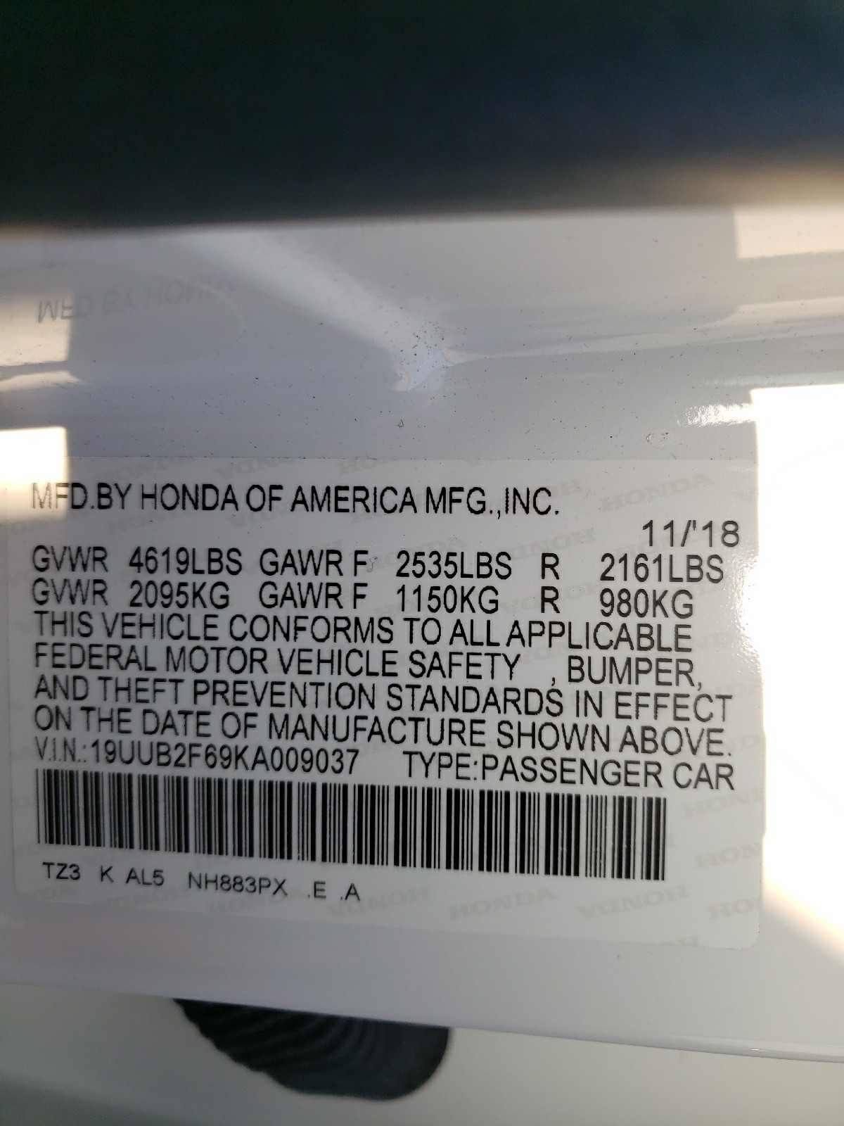 Photo 10 from auction – 2019 ACURA TLX TECHNO with VIN 19UUB2F69KA009037