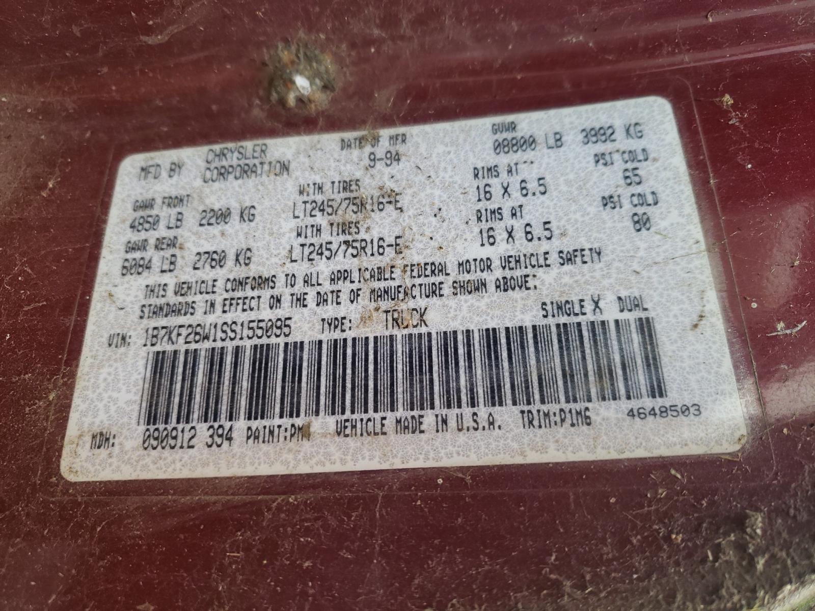 Photo 10 from auction – 1995 DODGE RAM 2500 with VIN 1B7KF26W1SS155095