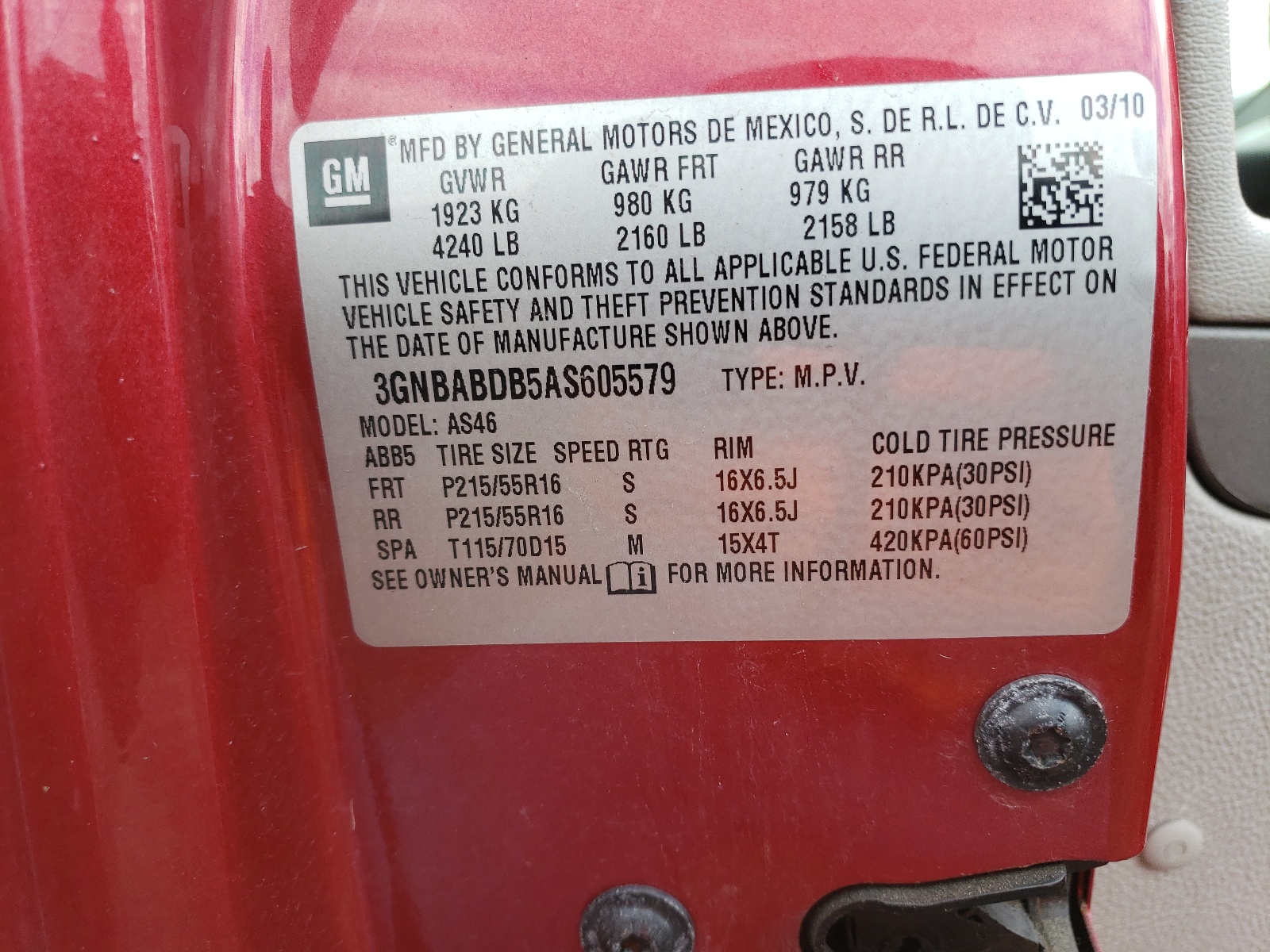 Photo 10 from auction – 2010 CHEVROLET HHR LT with VIN 3GNBABDB5AS605579