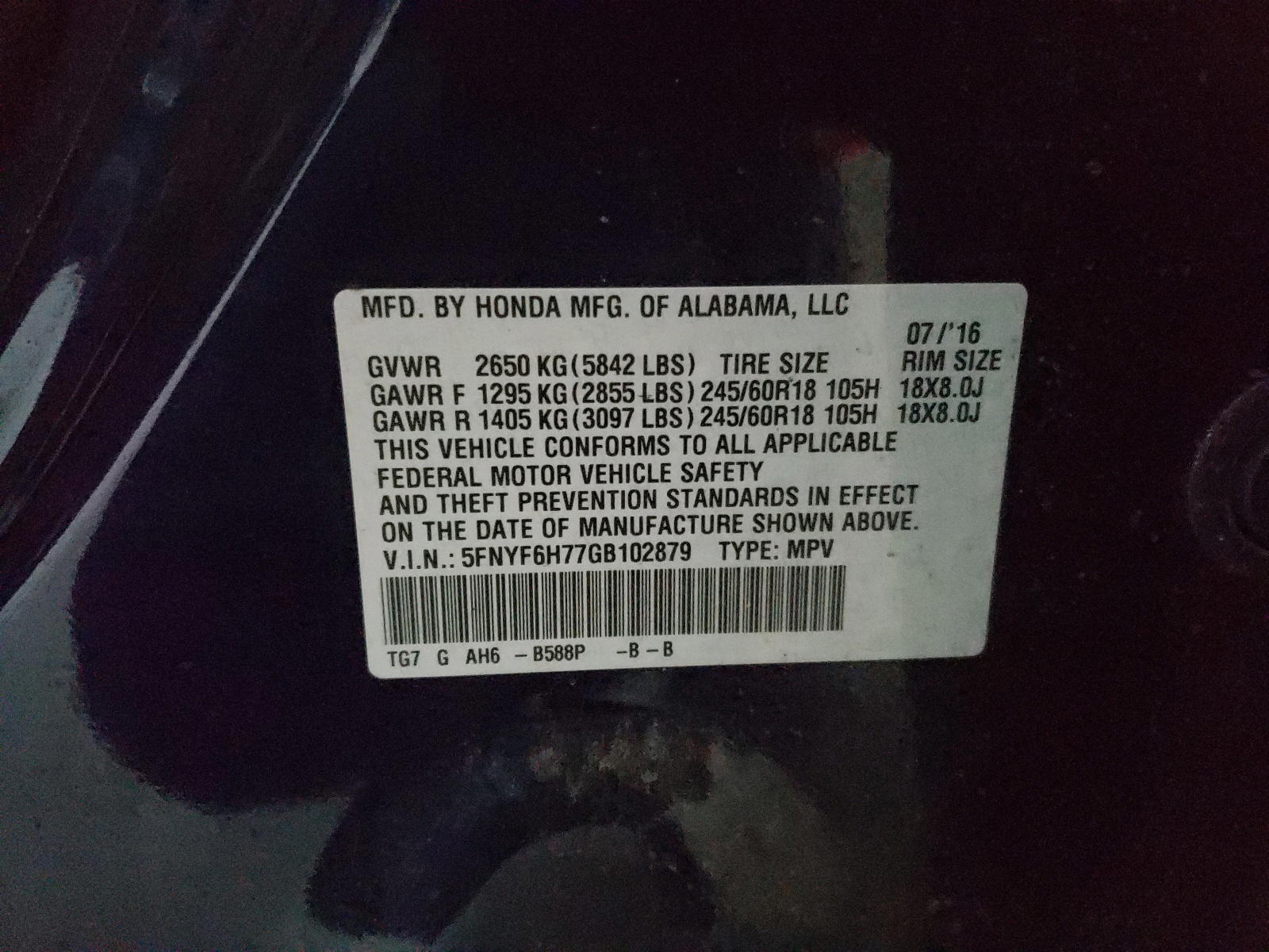 Photo 10 from auction – 2016 HONDA PILOT with VIN 5FNYF6H77GB102879