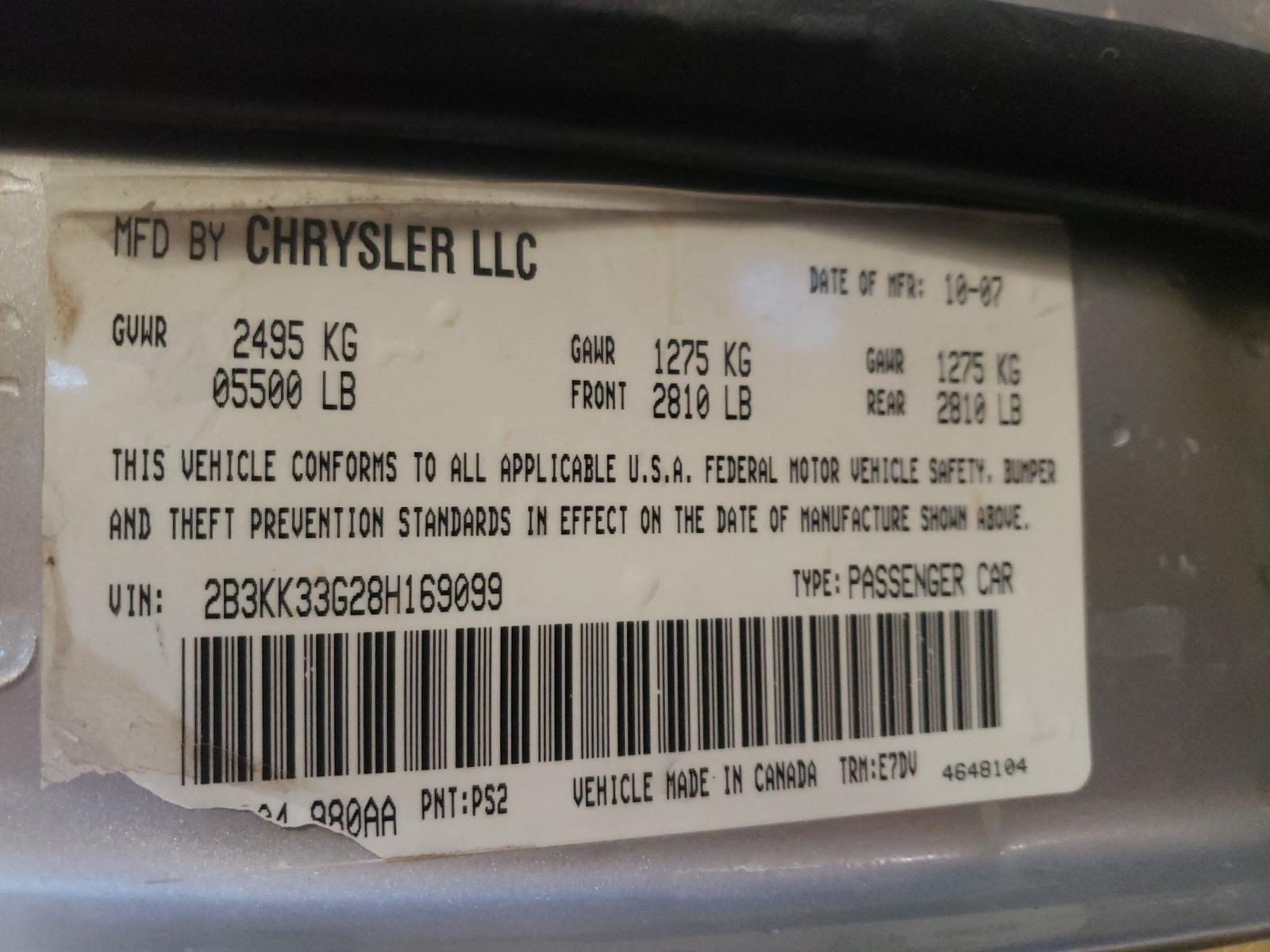 Photo 10 from auction – 2008 DODGE CHARGER SX with VIN 2B3KK33G28H169099