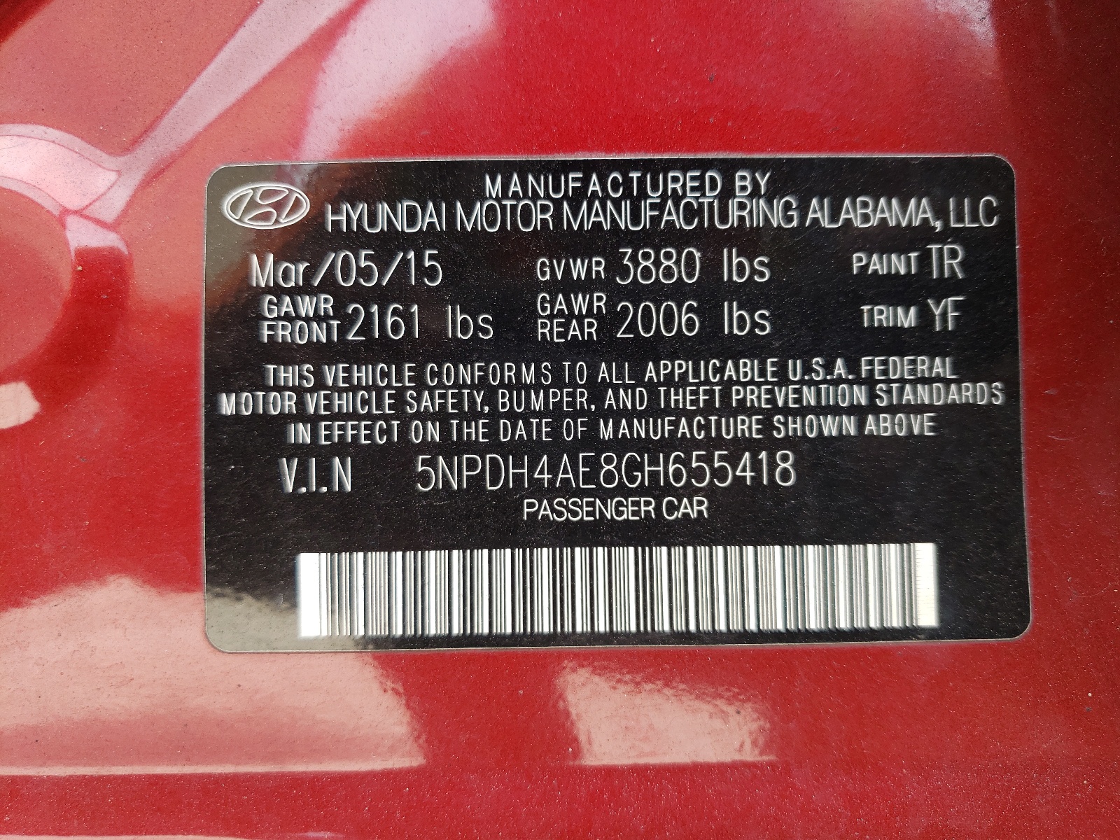 Photo 10 from auction – 2016 HYUNDAI ELANTRA SE with VIN 5NPDH4AE8GH655418