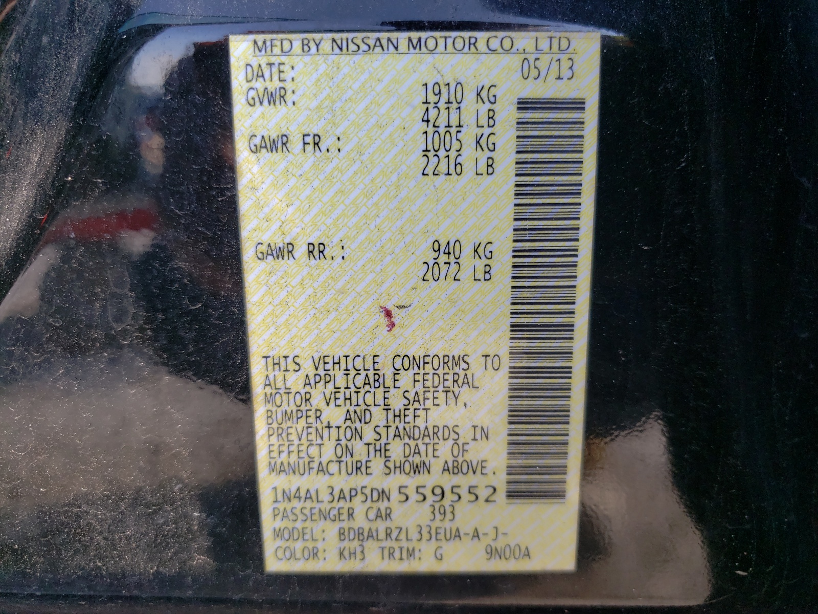 Photo 10 from auction – 2013 NISSAN ALTIMA 2.5 with VIN 1N4AL3AP5DN559552