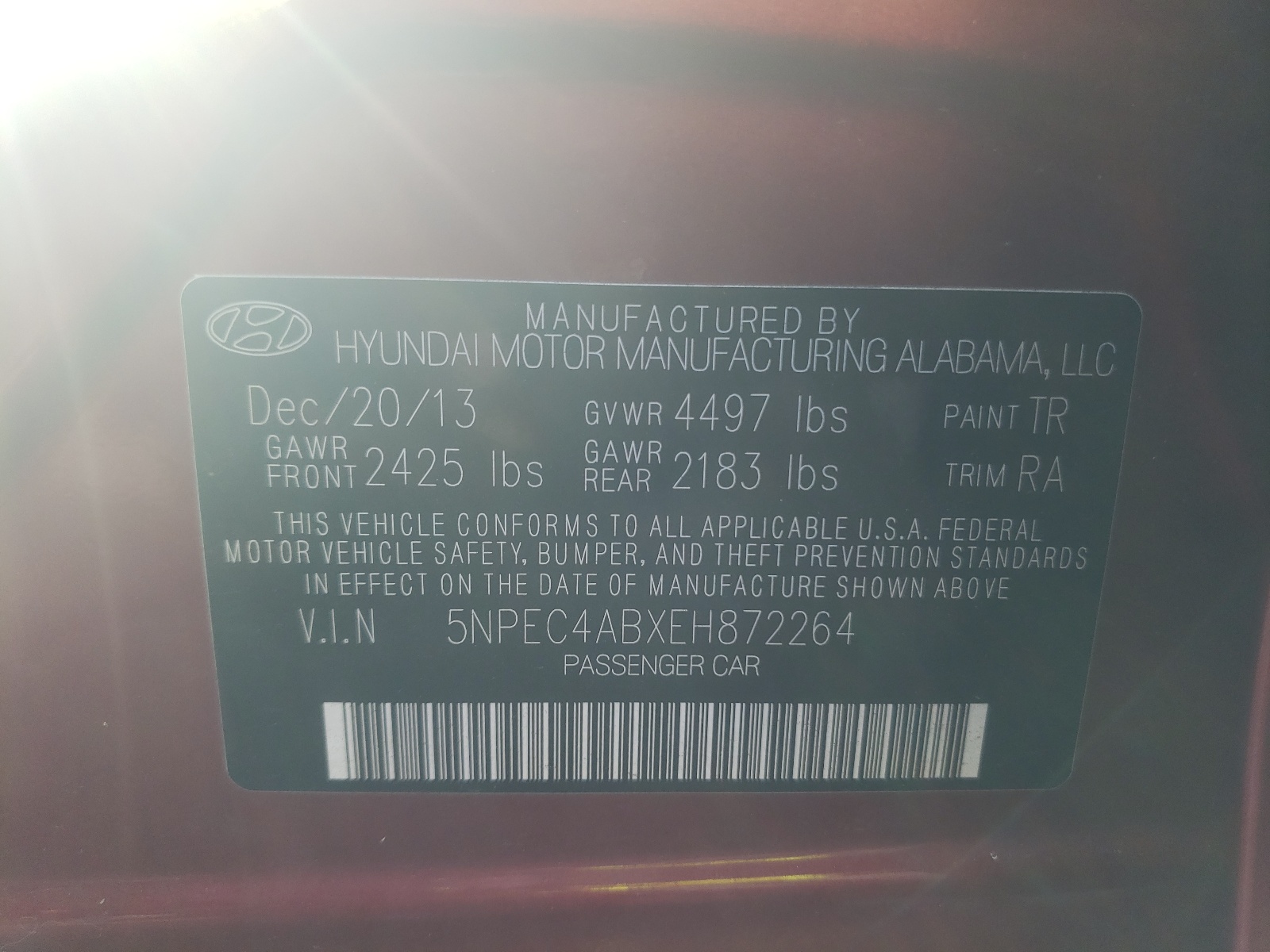 Photo 10 from auction – 2014 HYUNDAI SONATA SE with VIN 5NPEC4ABXEH872264