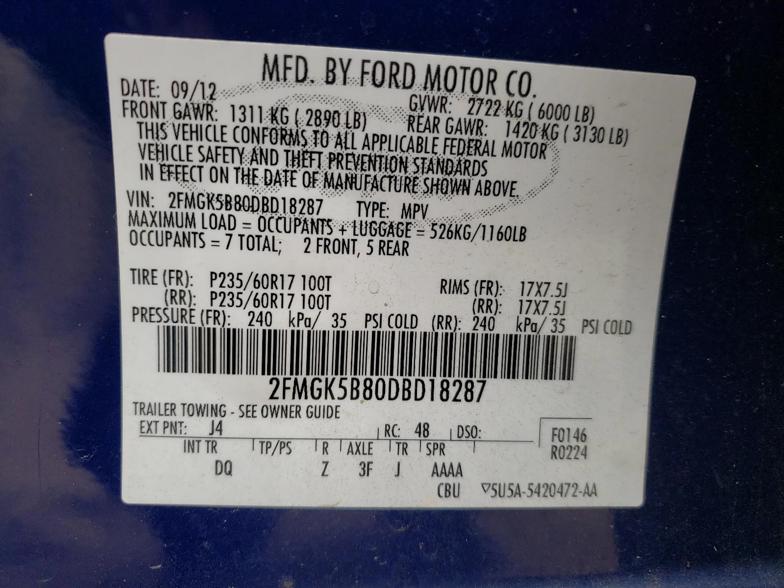 Photo 10 from auction – 2013 FORD FLEX SE with VIN 2FMGK5B80DBD18287