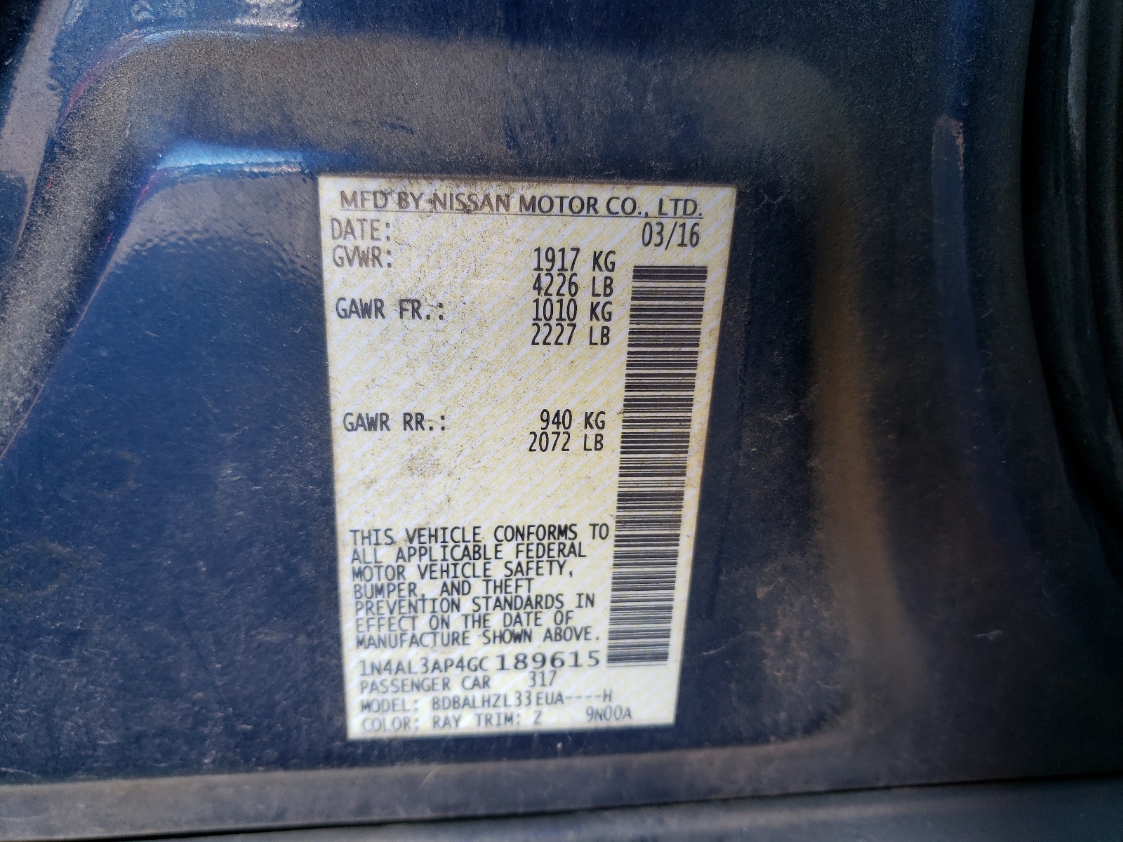 Photo 10 from auction – 2016 NISSAN ALTIMA 2.5 with VIN 1N4AL3AP4GC189615