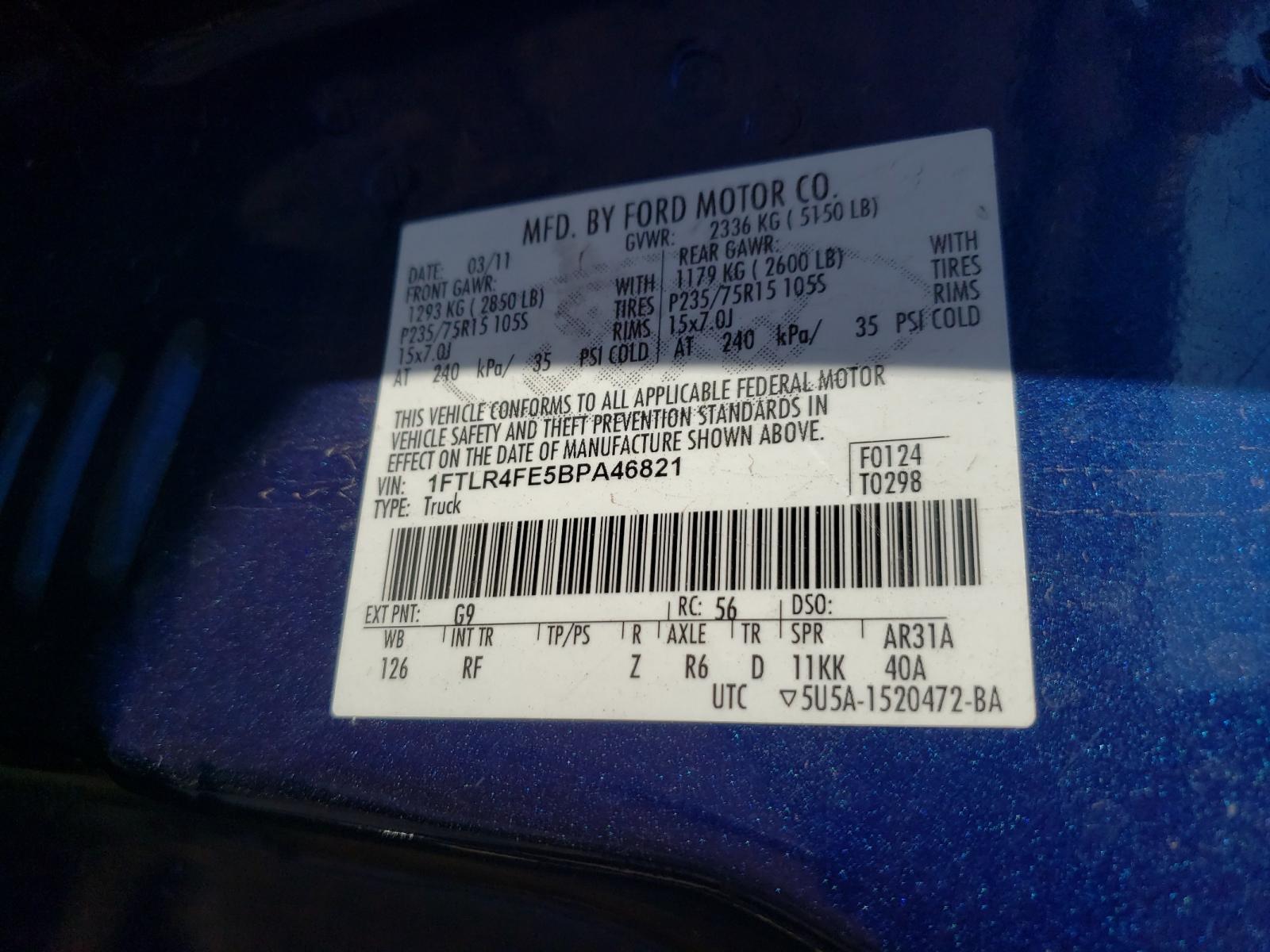 Photo 10 from auction – 2011 FORD RANGER SUP with VIN 1FTLR4FE5BPA46821