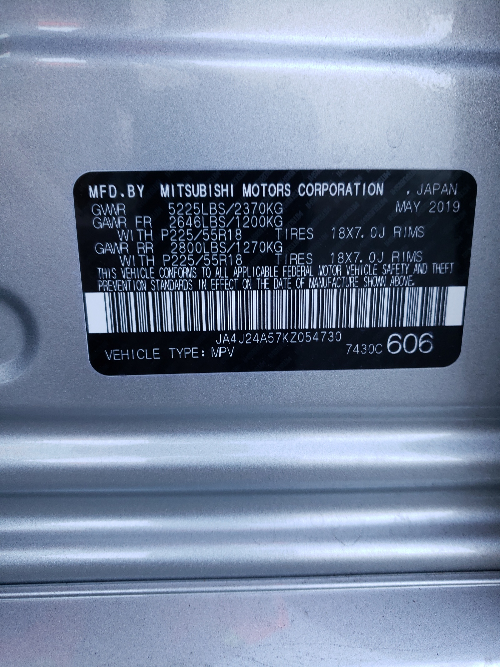 Photo 10 from auction – 2019 MITSUBISHI OUTLANDER with VIN JA4J24A57KZ054730