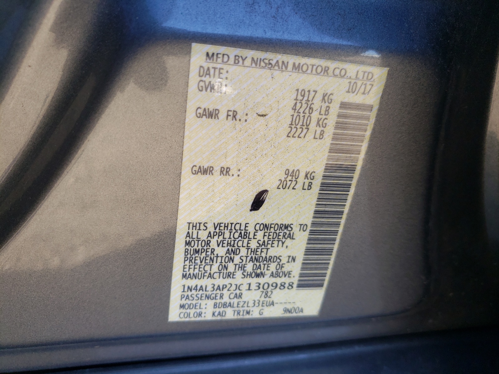 Photo 10 from auction – 2018 NISSAN ALTIMA 2.5 with VIN 1N4AL3AP2JC130988