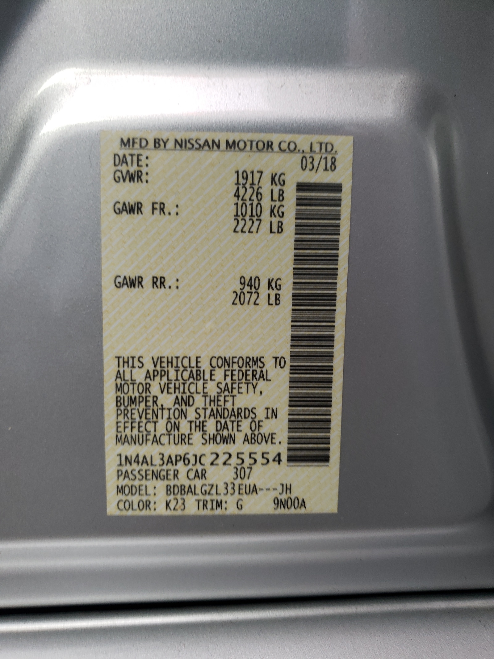 Photo 10 from auction – 2018 NISSAN ALTIMA 2.5 with VIN 1N4AL3AP6JC225554