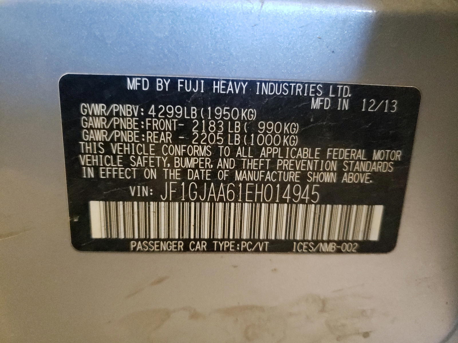Photo 10 from auction – 2014 SUBARU IMPREZA with VIN JF1GJAA61EH014945