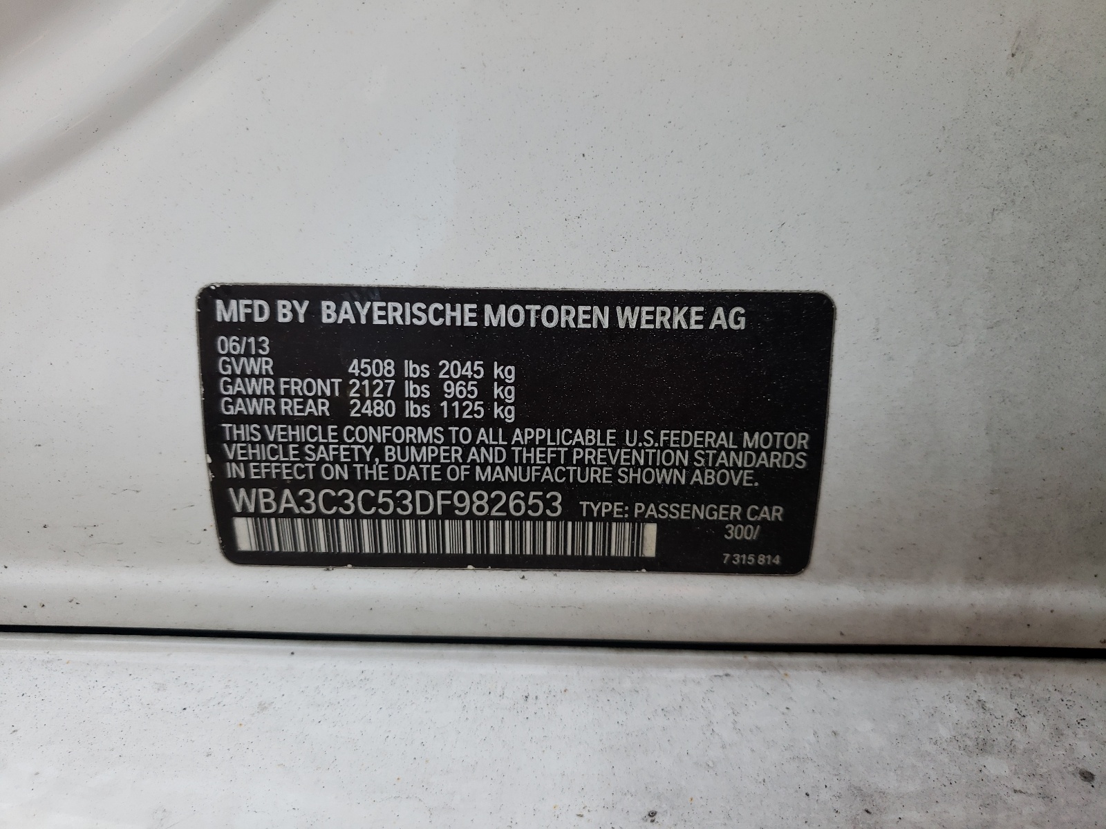 Photo 10 from auction – 2013 BMW 320 I XDRI with VIN WBA3C3C53DF982653