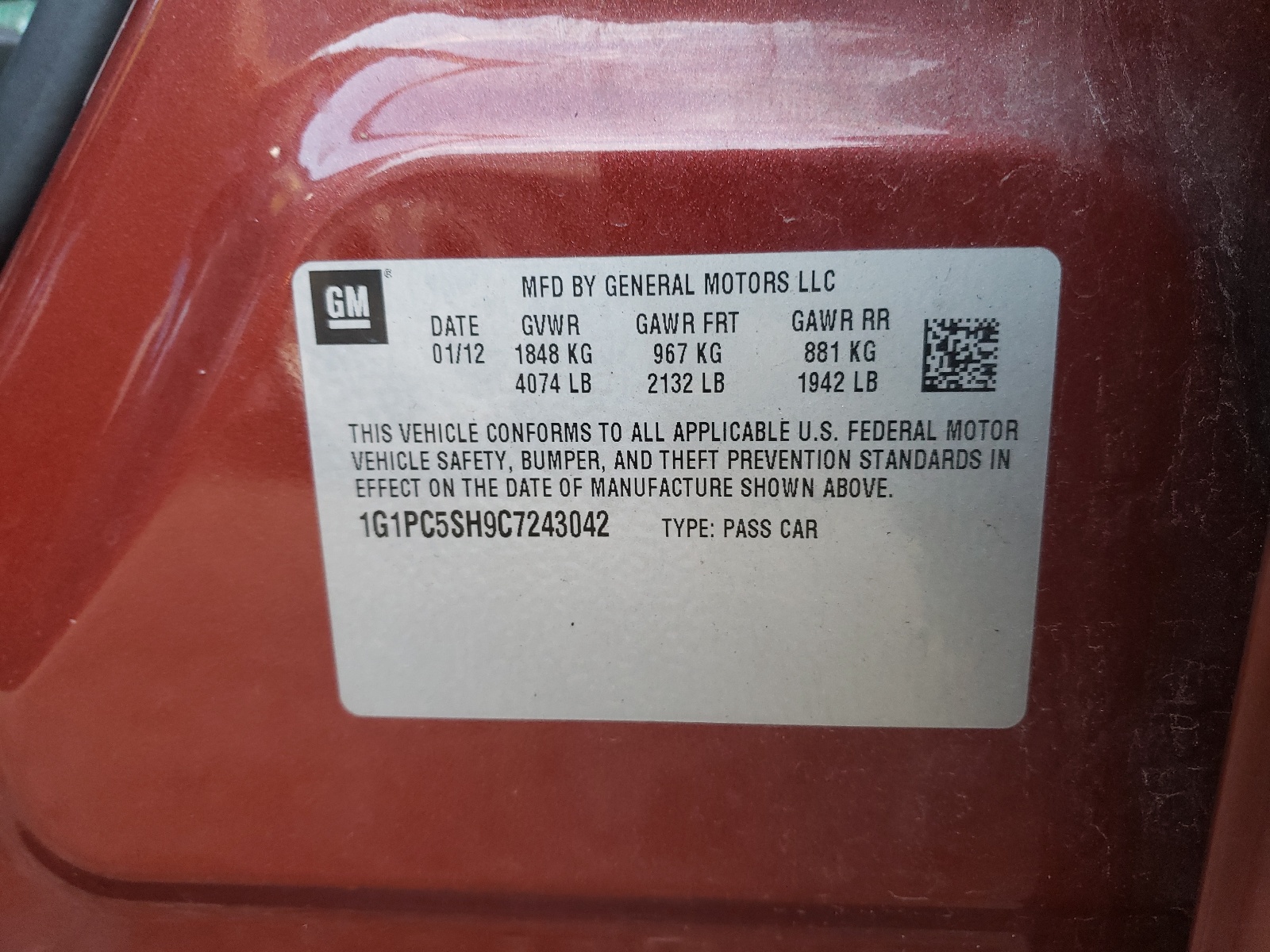 Photo 10 from auction – 2012 CHEVROLET CRUZE LS with VIN 1G1PC5SH9C7243042