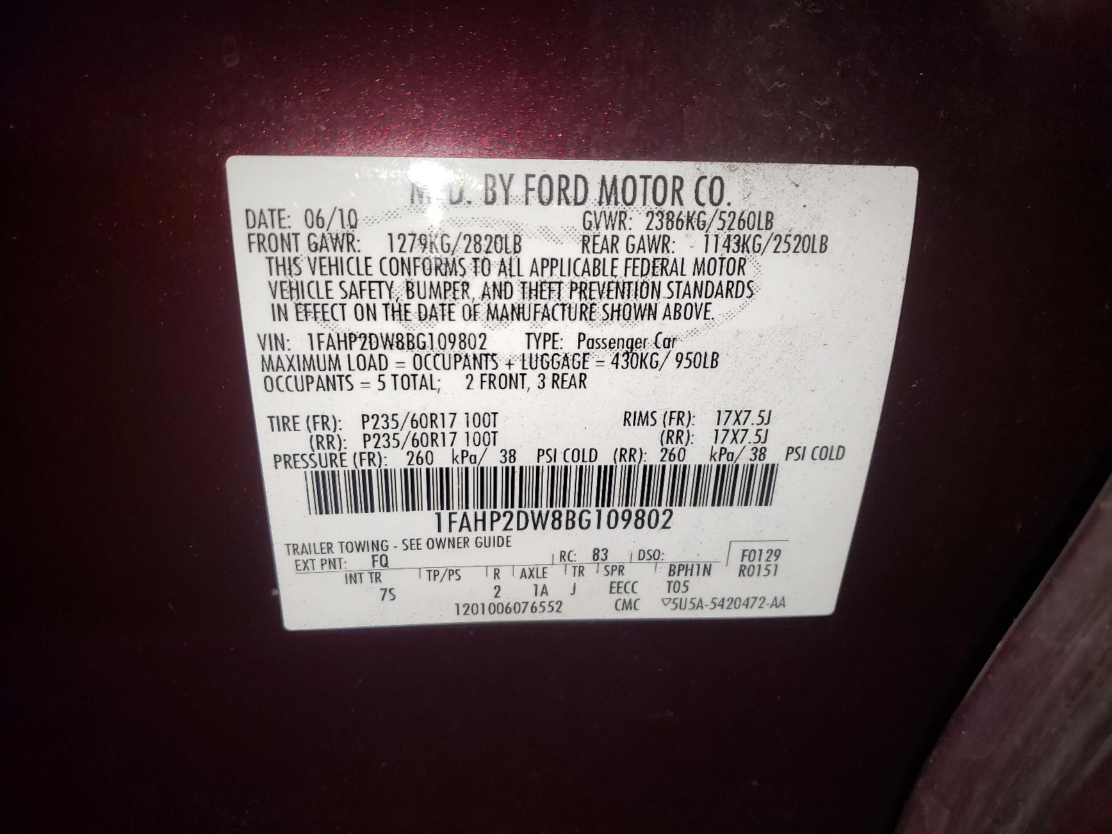 Photo 10 from auction – 2011 FORD TAURUS SE with VIN 1FAHP2DW8BG109802