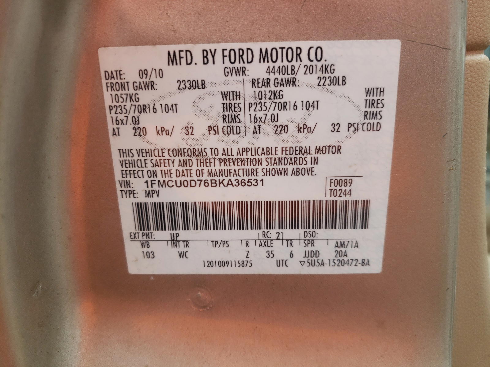 Photo 10 from auction – 2011 FORD ESCAPE XLT with VIN 1FMCU0D76BKA36531