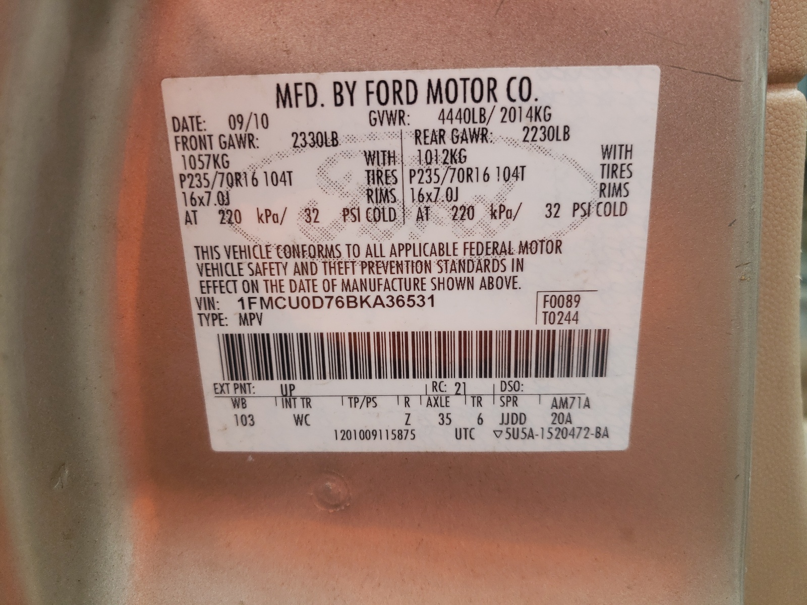 صورة رقم 10 من المزاد - 2011 FORD ESCAPE XLT مع VIN 1FMCU0D76BKA36531