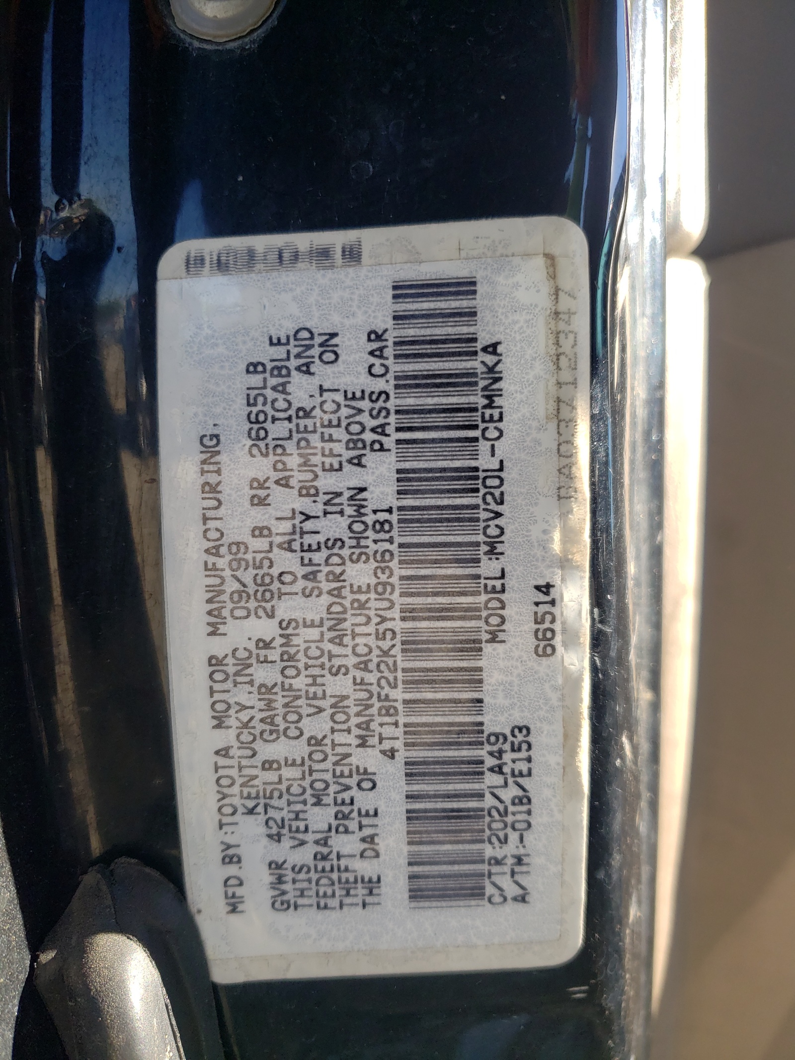 Photo 10 from auction – 2000 TOYOTA CAMRY LE with VIN 4T1BF22K5YU936181