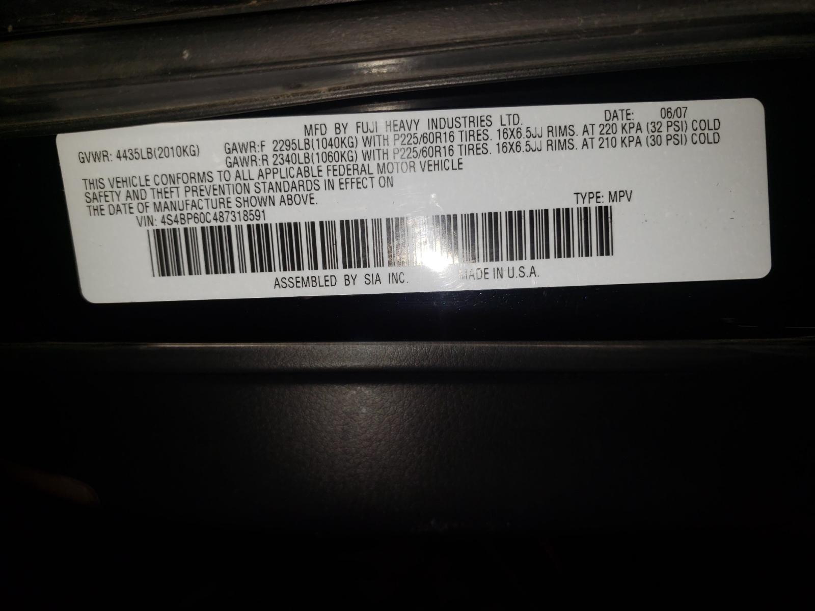 Photo 10 from auction – 2008 SUBARU OUTBACK with VIN 4S4BP60C487318591