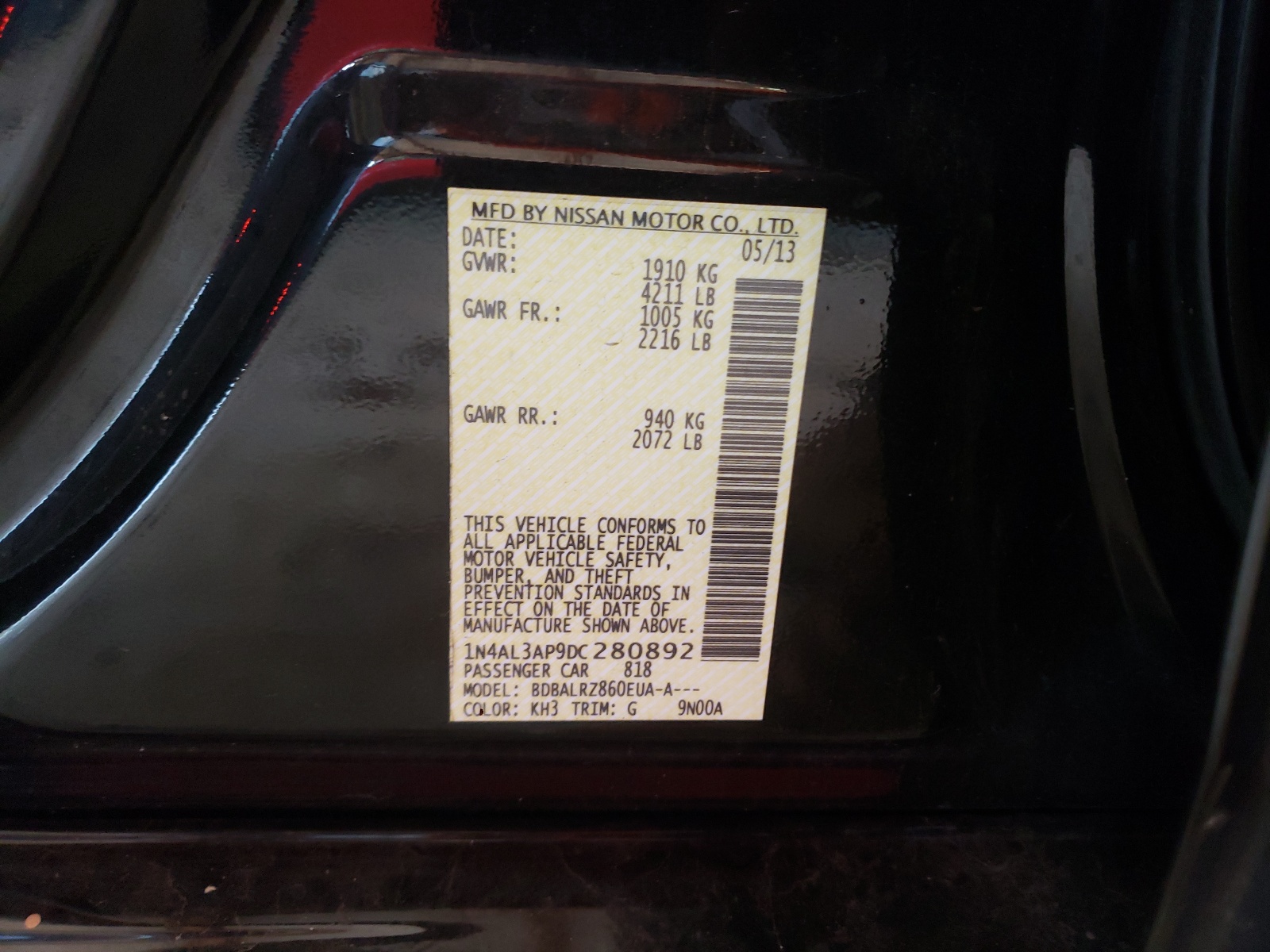 Photo 10 from auction – 2013 NISSAN ALTIMA 2.5 with VIN 1N4AL3AP9DC280892