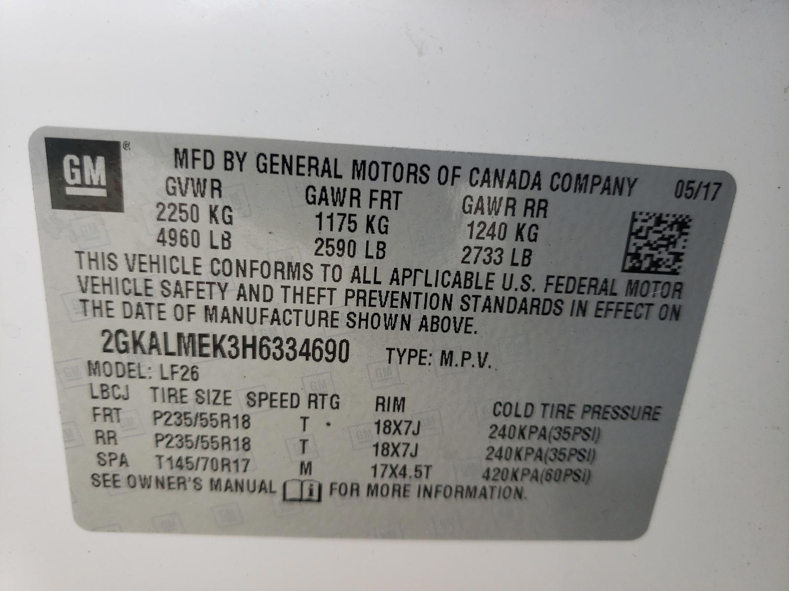 Photo 11 from auction – 2017 GMC TERRAIN SL with VIN 2GKALMEK3H6334690