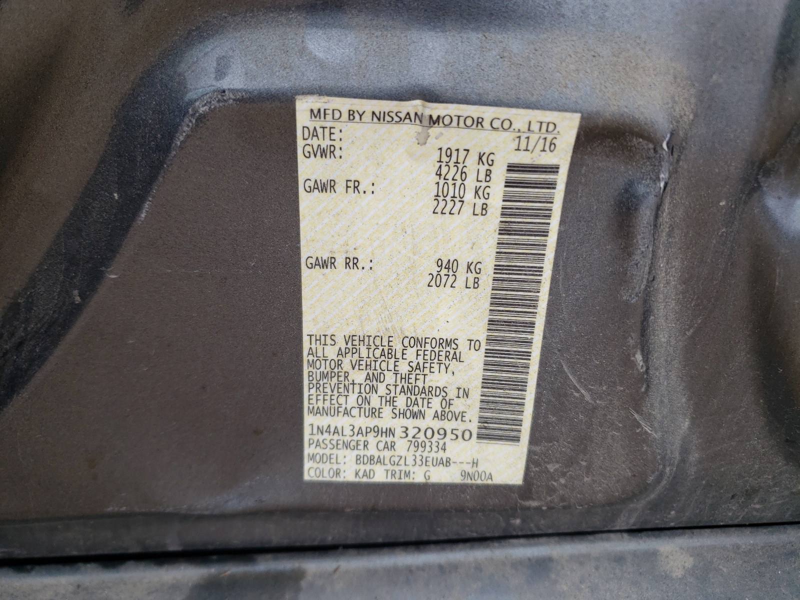 Photo 10 from auction – 2017 NISSAN ALTIMA 2.5 with VIN 1N4AL3AP9HN320950