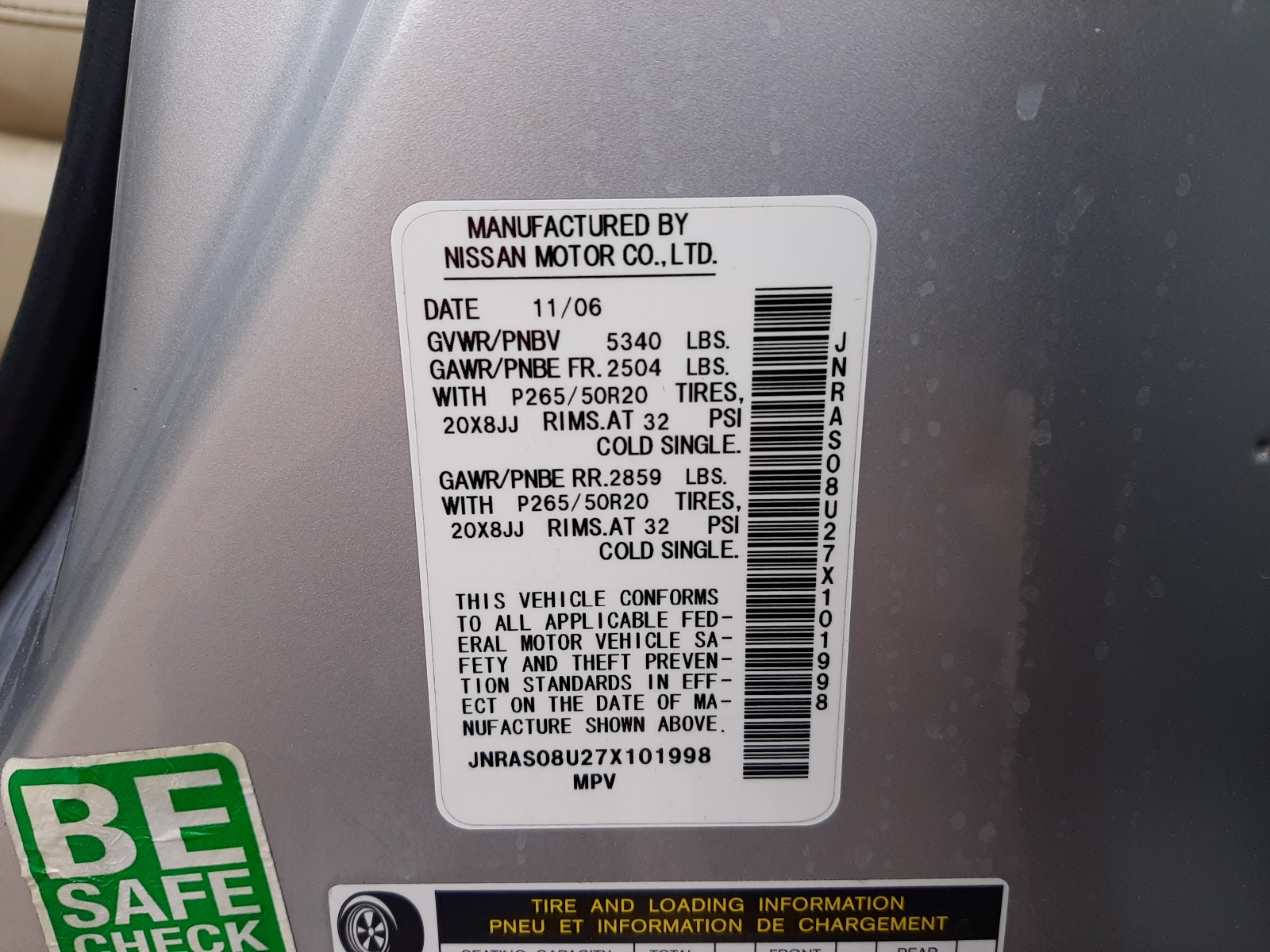 Photo 10 from auction – 2007 INFINITI FX35 with VIN JNRAS08U27X101998