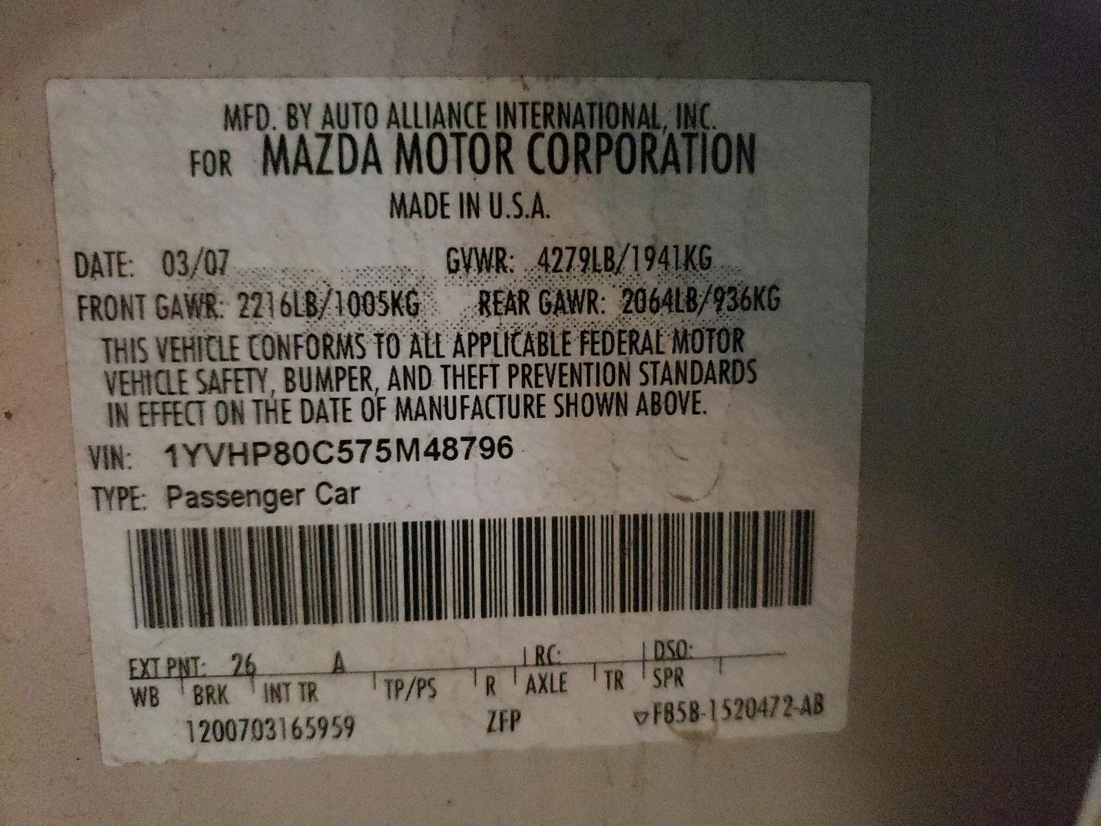 Photo 10 from auction – 2007 MAZDA MAZDA 6 with VIN 1YVHP80C575M48796