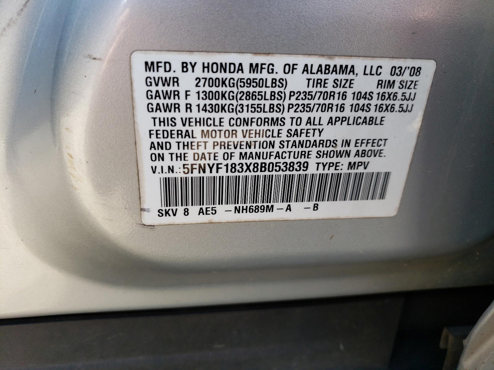 Photo 10 from auction – 2008 HONDA PILOT SE with VIN 5FNYF183X8B053839