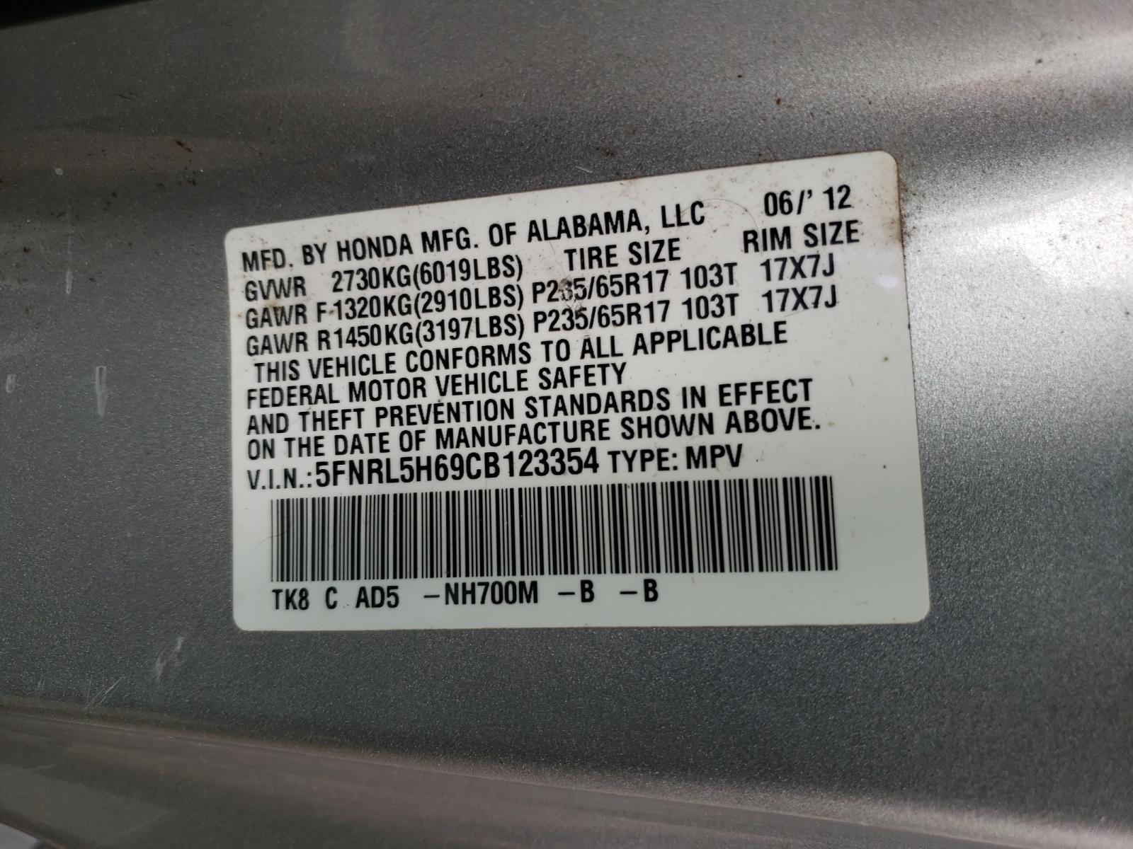 Photo 10 from auction – 2012 HONDA ODYSSEY EX with VIN 5FNRL5H69CB123354