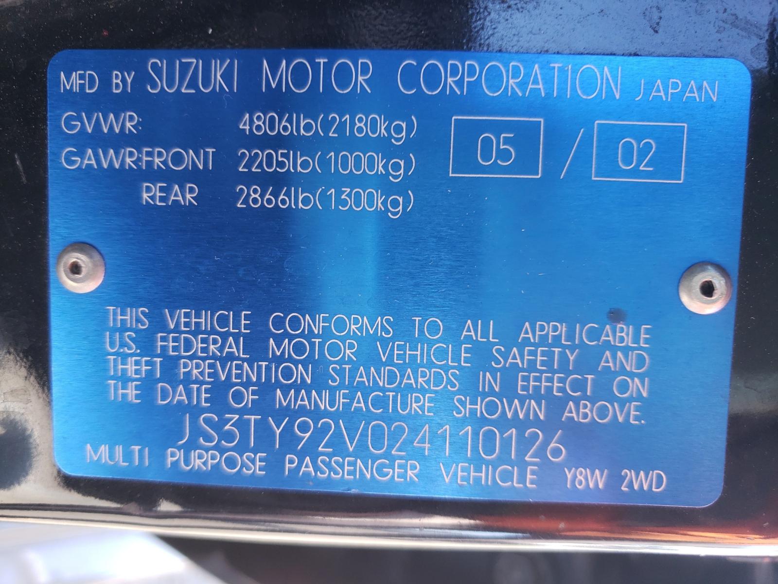 Photo 10 from auction – 2002 SUZUKI XL7 PLUS with VIN JS3TY92V024110126