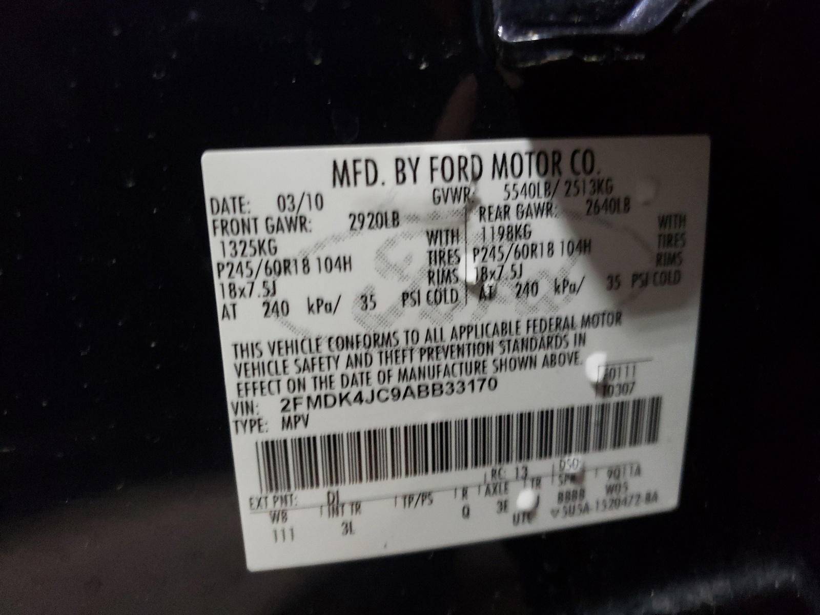 Photo 10 from auction – 2010 FORD EDGE SEL with VIN 2FMDK4JC9ABB33170