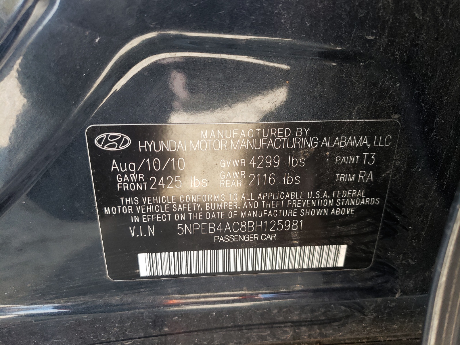 Photo 10 from auction – 2011 HYUNDAI SONATA GLS with VIN 5NPEB4AC8BH125981