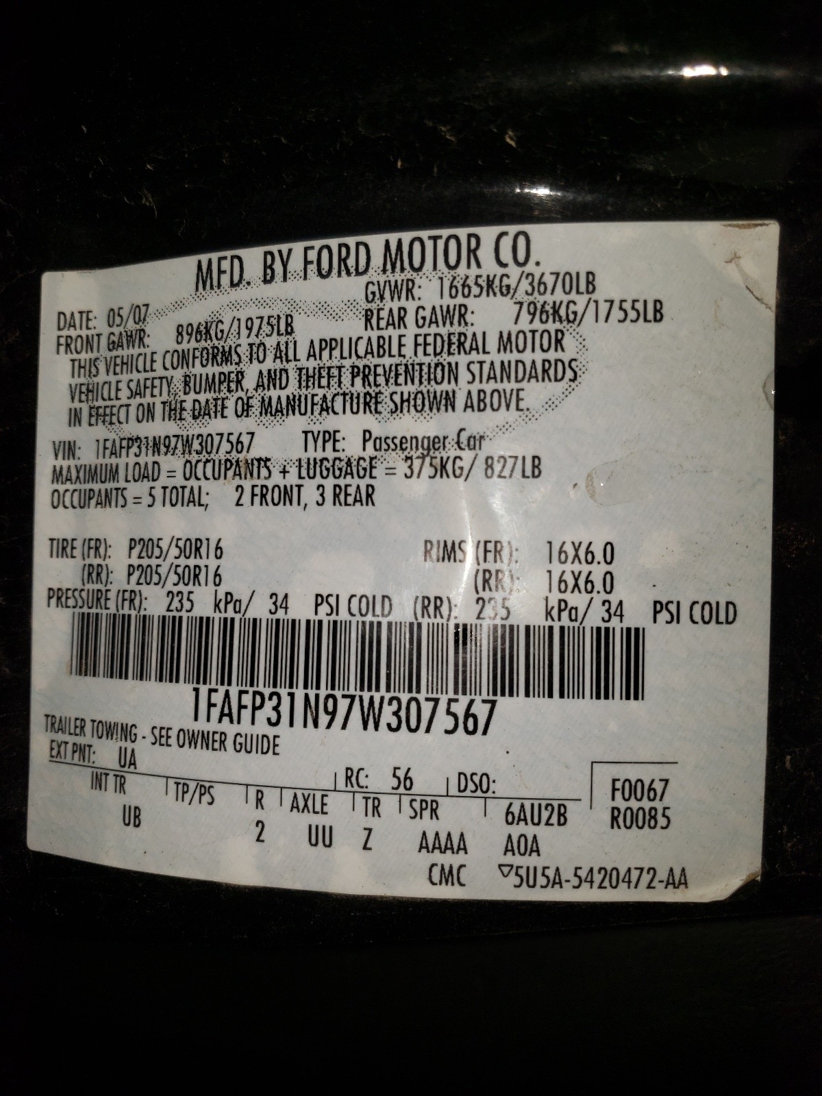 Photo 10 from auction – 2007 FORD FOCUS ZX3 with VIN 1FAFP31N97W307567