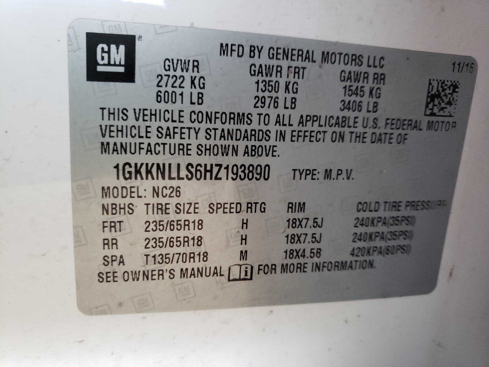Photo 10 from auction – 2017 GMC ACADIA SLE with VIN 1GKKNLLS6HZ193890