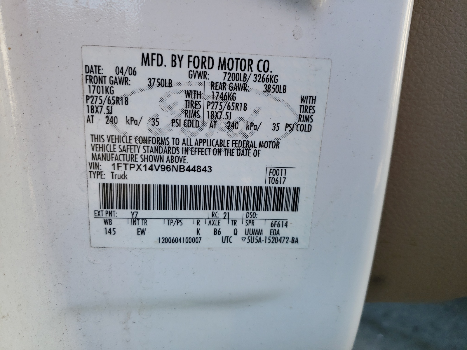 Photo 10 from auction – 2006 FORD F150 with VIN 1FTPX14V96NB44843