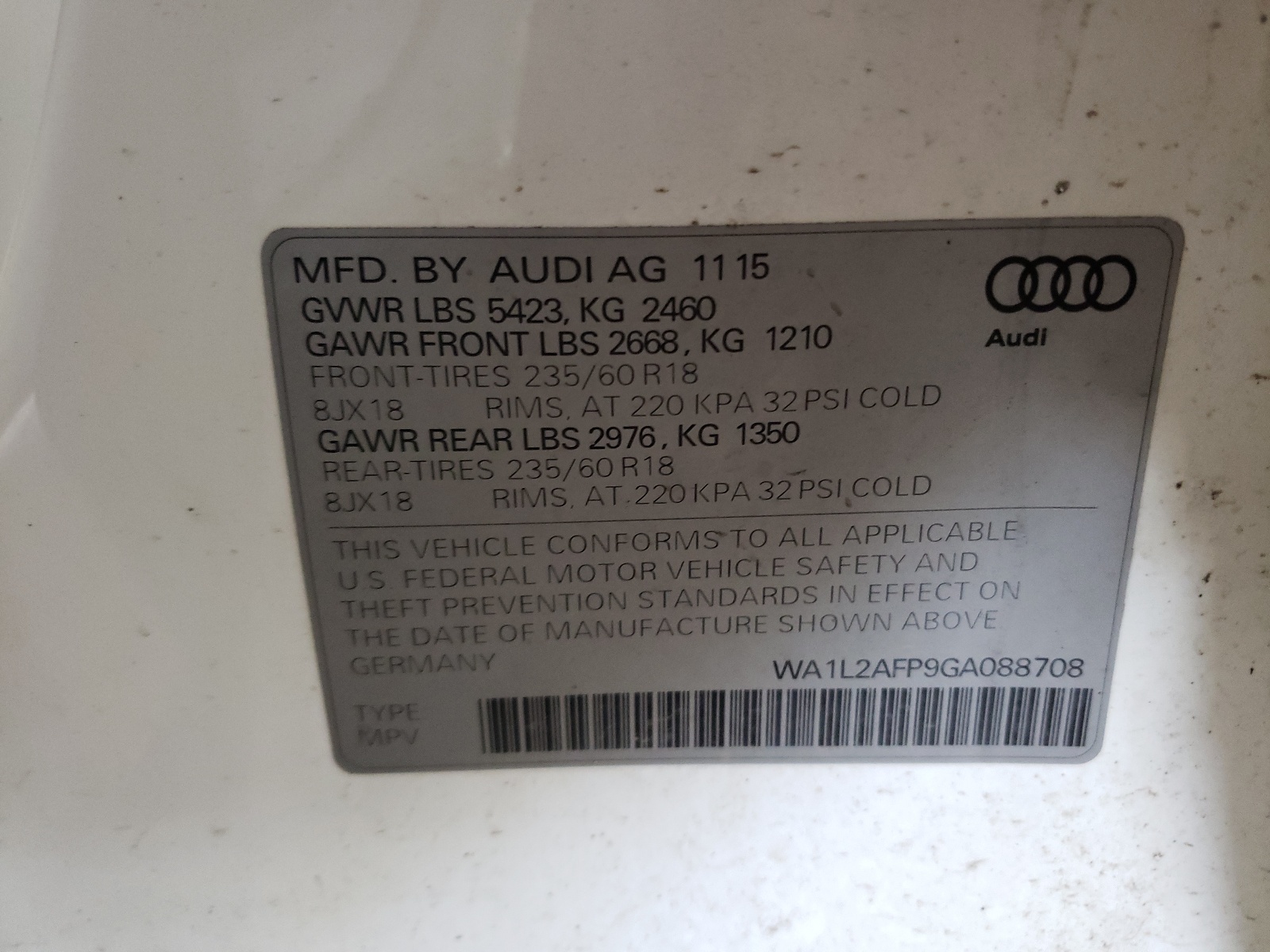 Photo 10 from auction – 2016 AUDI Q5 PREMIUM with VIN WA1L2AFP9GA088708