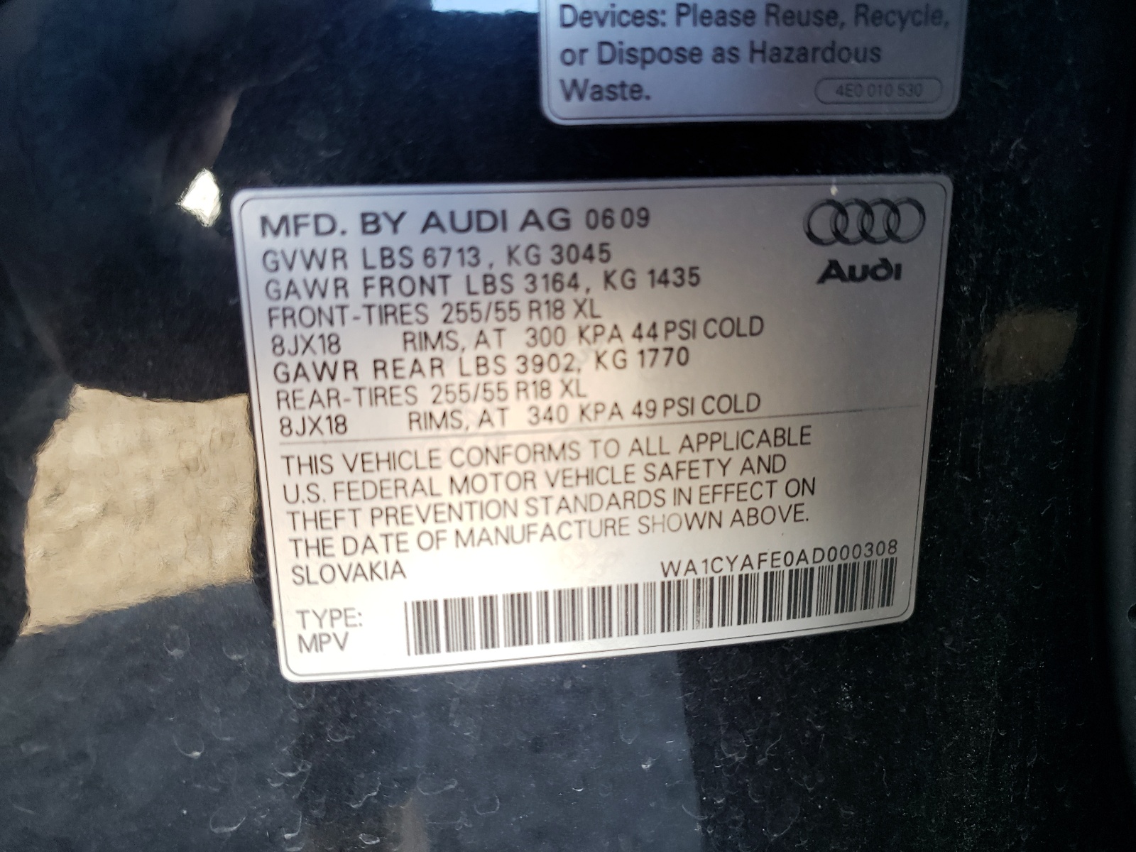 Photo 10 from auction – 2010 AUDI Q7 PREMIUM with VIN WA1CYAFE0AD000308